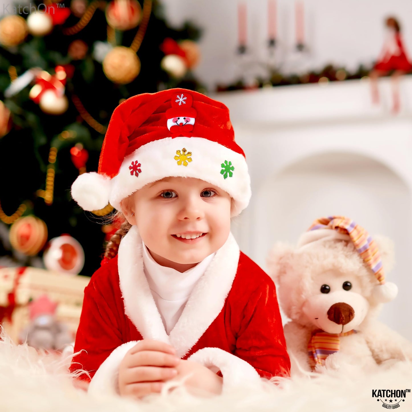 KatchOn Red Santa Hats for Kids - Pack of 2, 6.5x13 Inch | Christmas Party Favors and Decorations | Santa Claus Hats for Boys and Girls