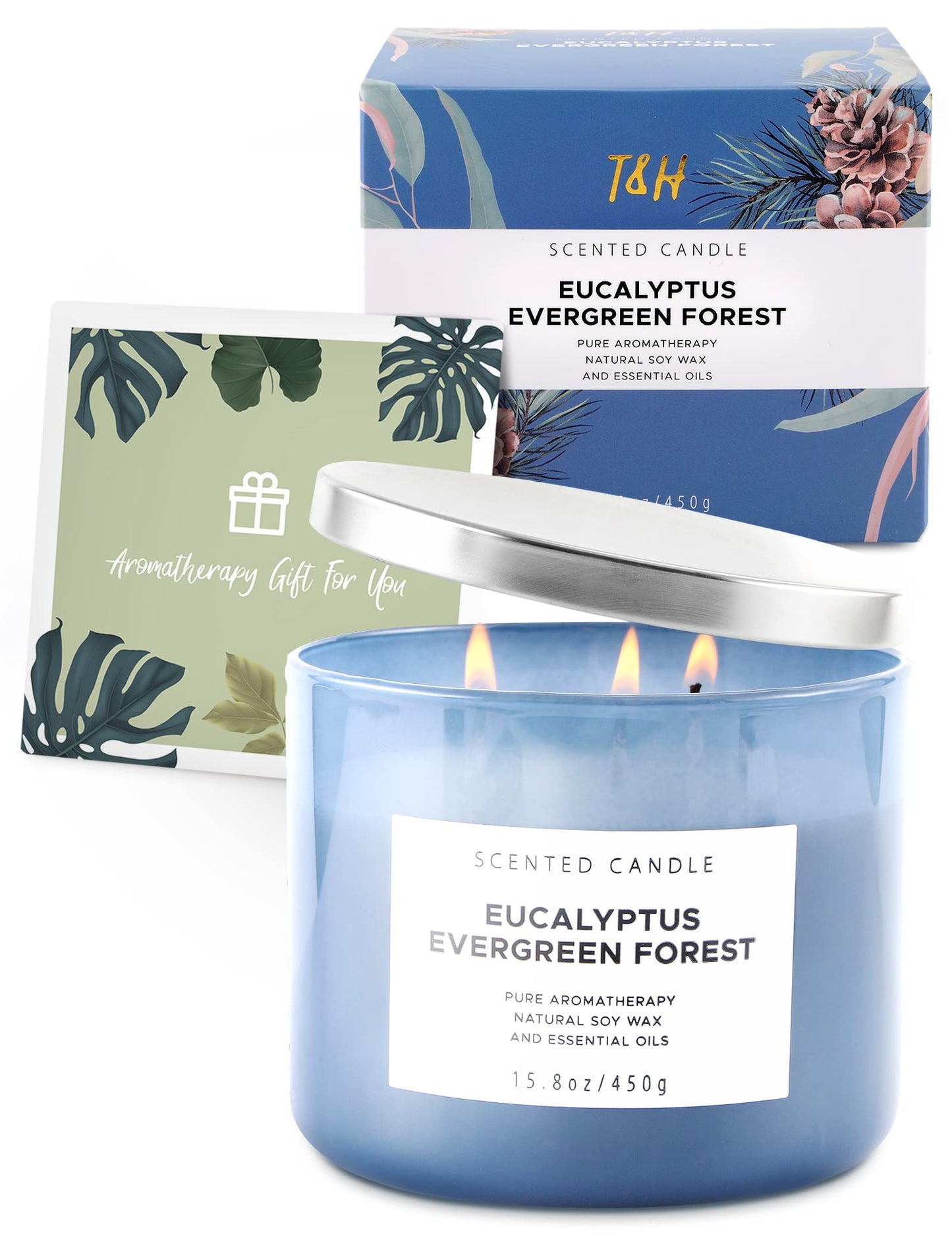 Eucalyptus Evergreen Forest 3 Wick Scented Candle | Luxury Soy Candles for Home | Relaxing Aromatherapy Stress Relief Candle 15.8 oz | Clean Burn Long Lasting Balsam Fir Woods Candles for Men & Women