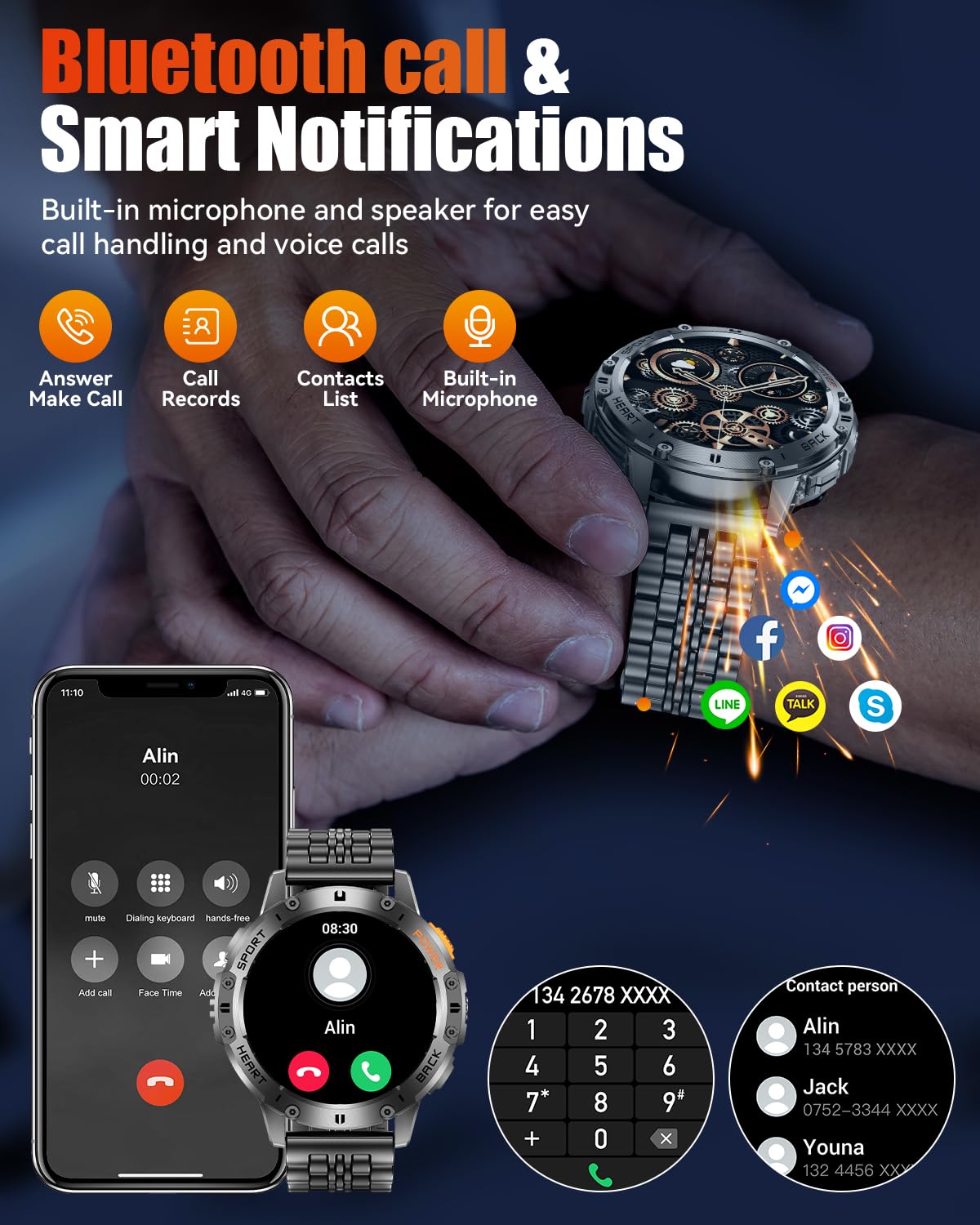 PODOEIL Military Smart Watches for Men with Bluetooth Call, 1.43" AMOLED Waterproof Smartwatch with Flashlight, 111 Sport Modes, 530mAh Heart Rate/SpO2/Sleep Monitor Fitness Tracker for Android iOS