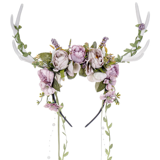 MOSTORY Fairy Deer Antler Headband - Purple Flower Reindeer Headband with Vines for Woodland Costume Women, Forest Floral Antlers Headpiece for Renaissance Accessories Cosplay Fantasy Photo Shoot