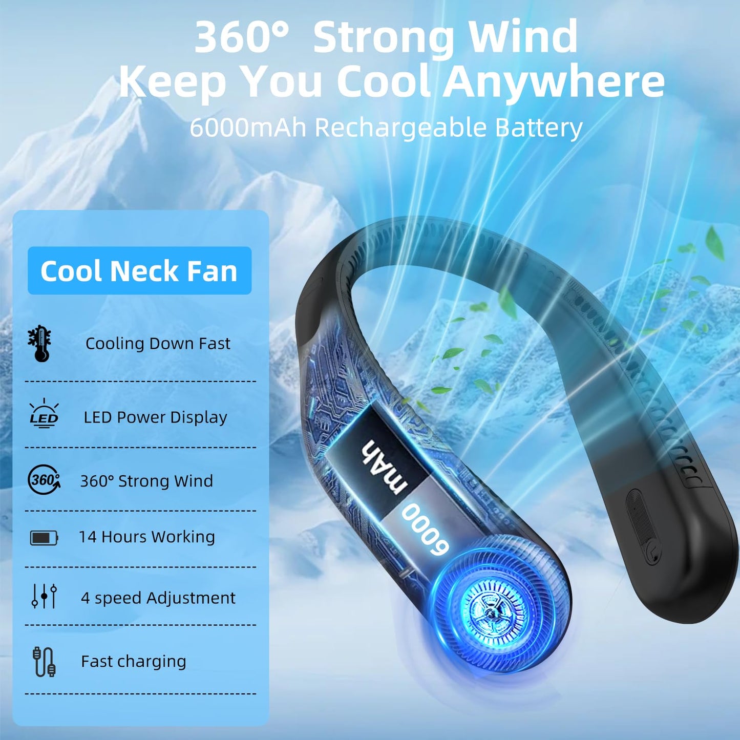 Portable Neck Fan,Gift Ideas,Personal Wearable Bladeless Fan,360° Cooling,LED Display,4-Speeds,6000mAh Rechargeable,Powerful Wind,Outdoor Travel Camping,Birthday Gifts for Men Women Dad Mom (Black)