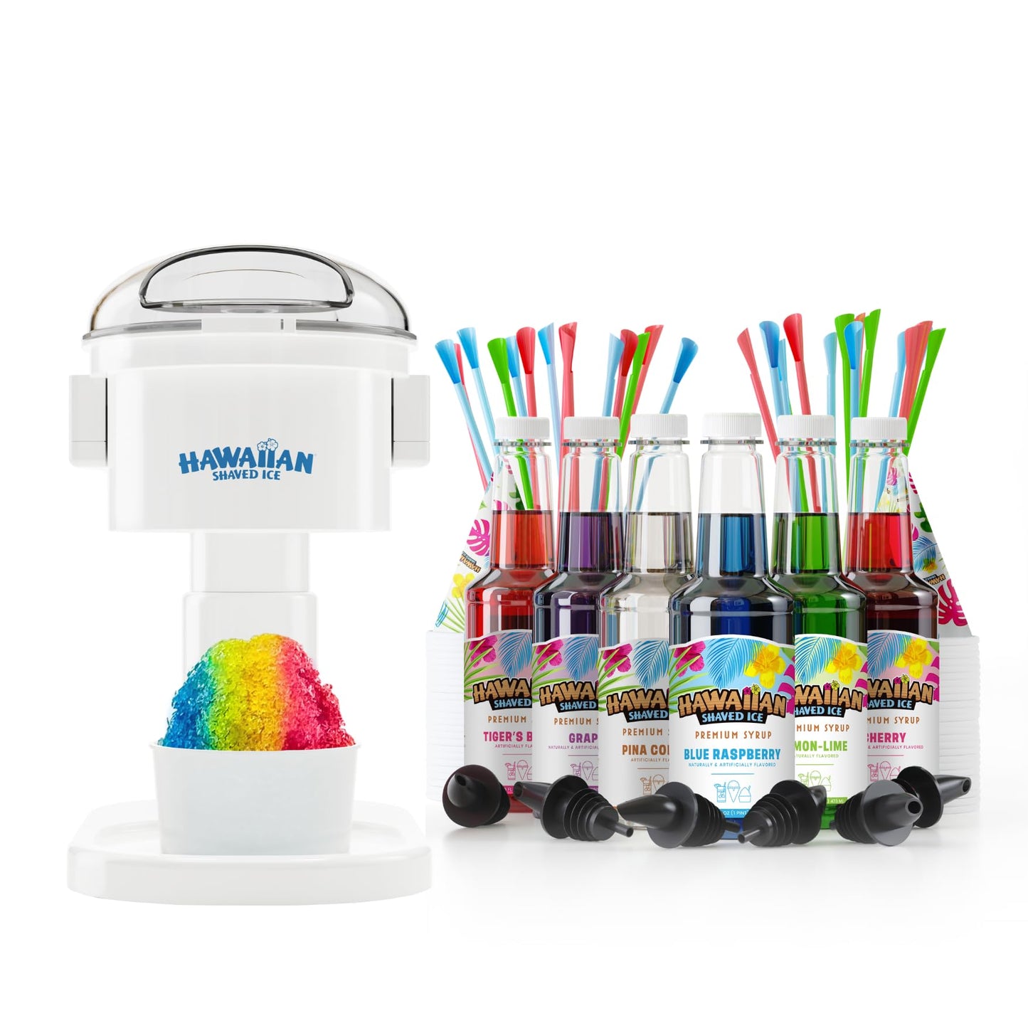 Hawaiian Shaved Ice S700 Snow Cone Machine Kit with 6 - 16oz. Syrups: Cherry, Grape, Blue Raspberry, Tiger’s Blood, Lemon-Lime, Pina Colada, 25 Snow Cone Cups, 25 Spoon Straws, and 6 Pouring Spouts