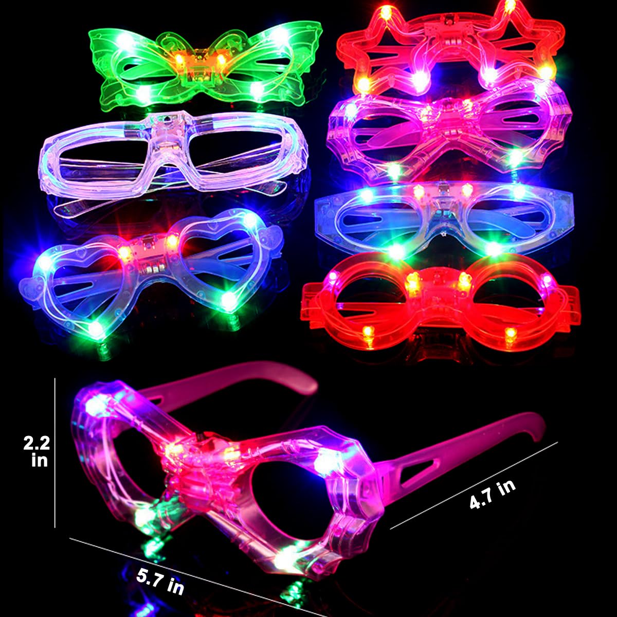 24 Packs LED Glasses for kids Glow in the dark Party Supplies Favor,6 LED 6 Shapes Glasses Flashing Plastic Light up Glass Toys Bulk 3 Replaceable Battery fit Halloween Christmas Thanksgiving
