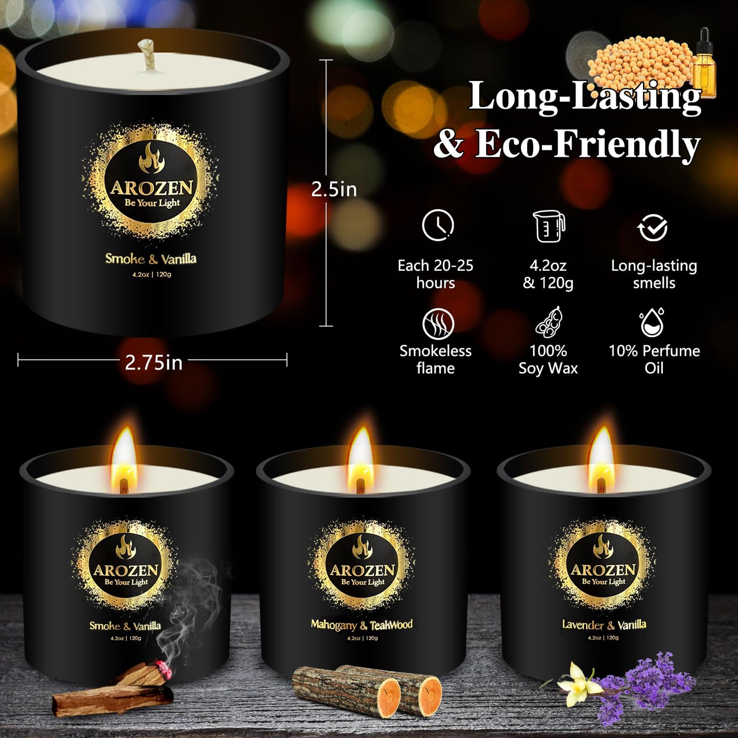 AROZEN 3 Pack Scented Candles Set | Men Candle Gift Set, Aromatherapy Scented Candles for Home, Gifts for Men Dad Fathers Day, Soy Candle of Lavender, Mahogany Teakwood & Smoke Vanilla,70H Burn Time
