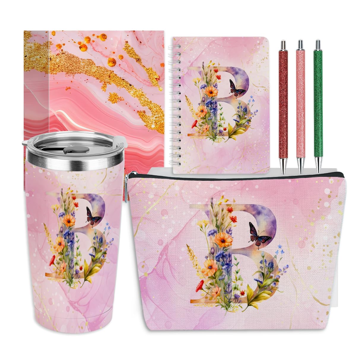 XLRSDF Personalized Gifts Monogrammed Birthday Gifts for Women, Cowerker Mom Boss Day Christmas Initial 20 oz Tumbler, Makeup Bag Cup Ballpoint Pens Journal Notebook 6 Set, (Aesthetic Pink Flower B)