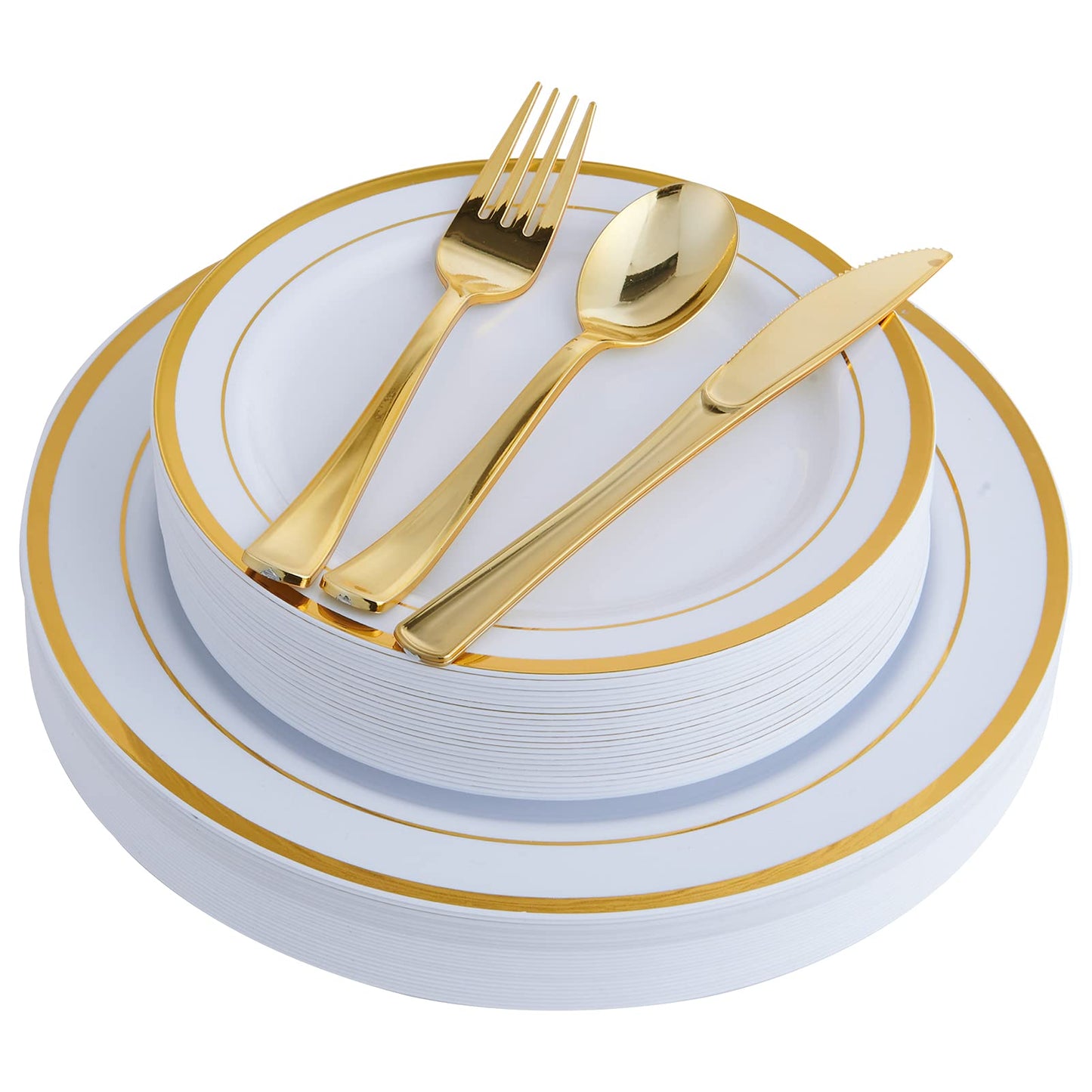 125 Count Gold Plastic Plates Include 25 Dinner Plates 25 Disposable Dessert & Gold Disposable Silverware, Plastic Dinnerware Set Providing for 25 Guests Suitable for Party Wedding