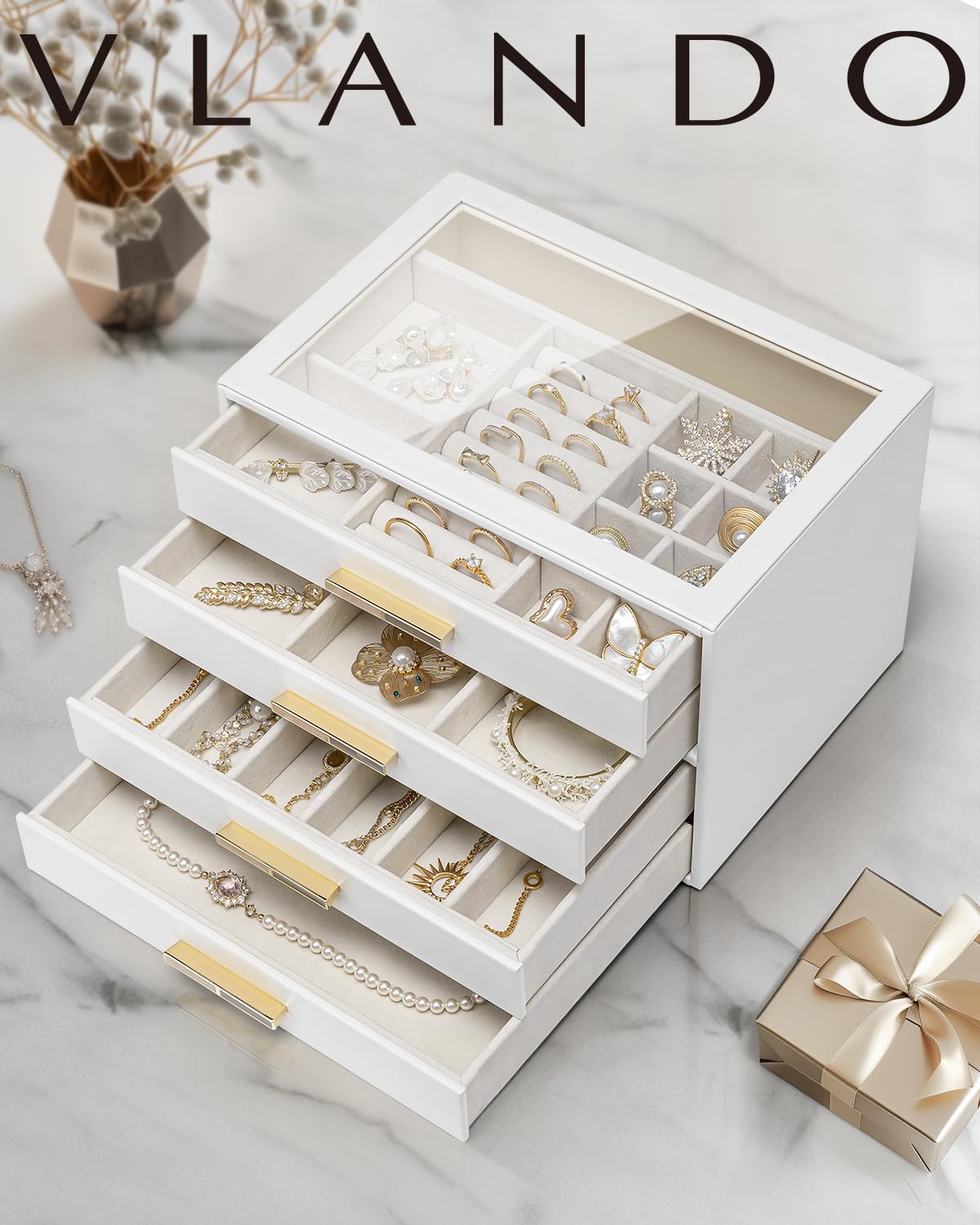 Vlando Jewelry Box for Women, Glass Lid Jewelry Organizer with 4 Drawers for Necklaces Rings Earrings Bracelets Christmas Gift - White