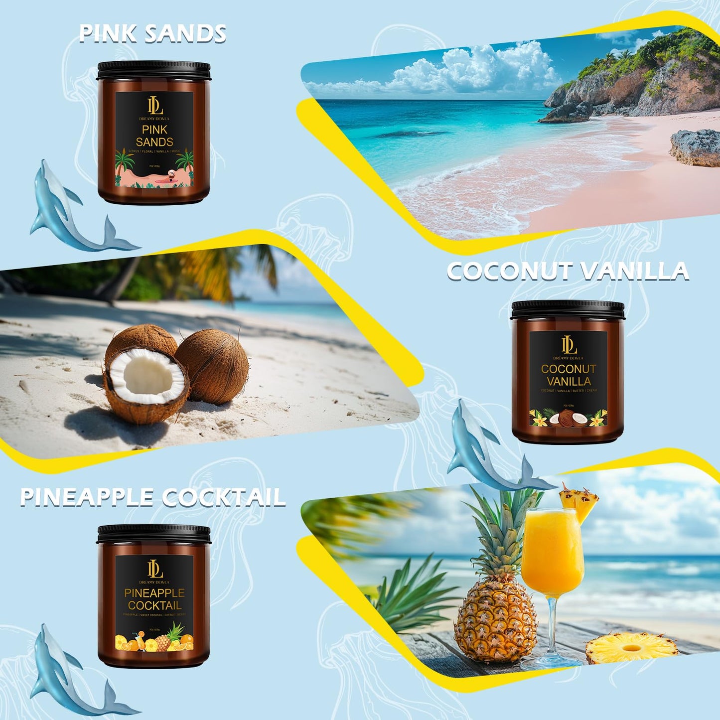 6 Pack Scented Candles Set, 42oz 300 Hour Long Lasting Candle, Soy Candles for Home Scented, Scents of Pink Sands/Coconut Vanilla/Bahama Breeze/Pineapple Cocktail/Sicilian Lemon/Vanilla Ice Cream