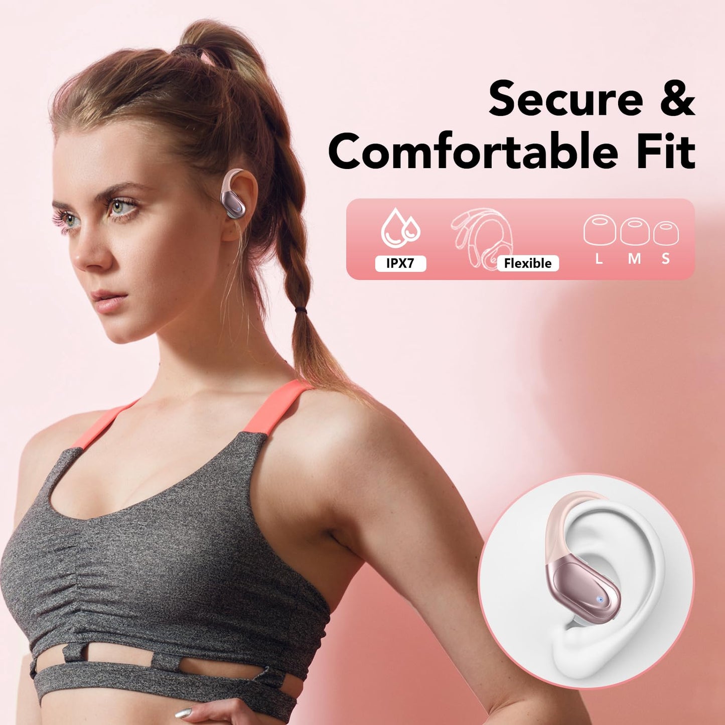 Ear buds Wireless Earbuds Bluetooth 5.3 Headphones 60hrs Playtime with Digital Display Sports Wireless Headphones with Earhook Deep Bass IPX7 Waterproof Over-Ear Earbuds for Android iOS Workout Rose