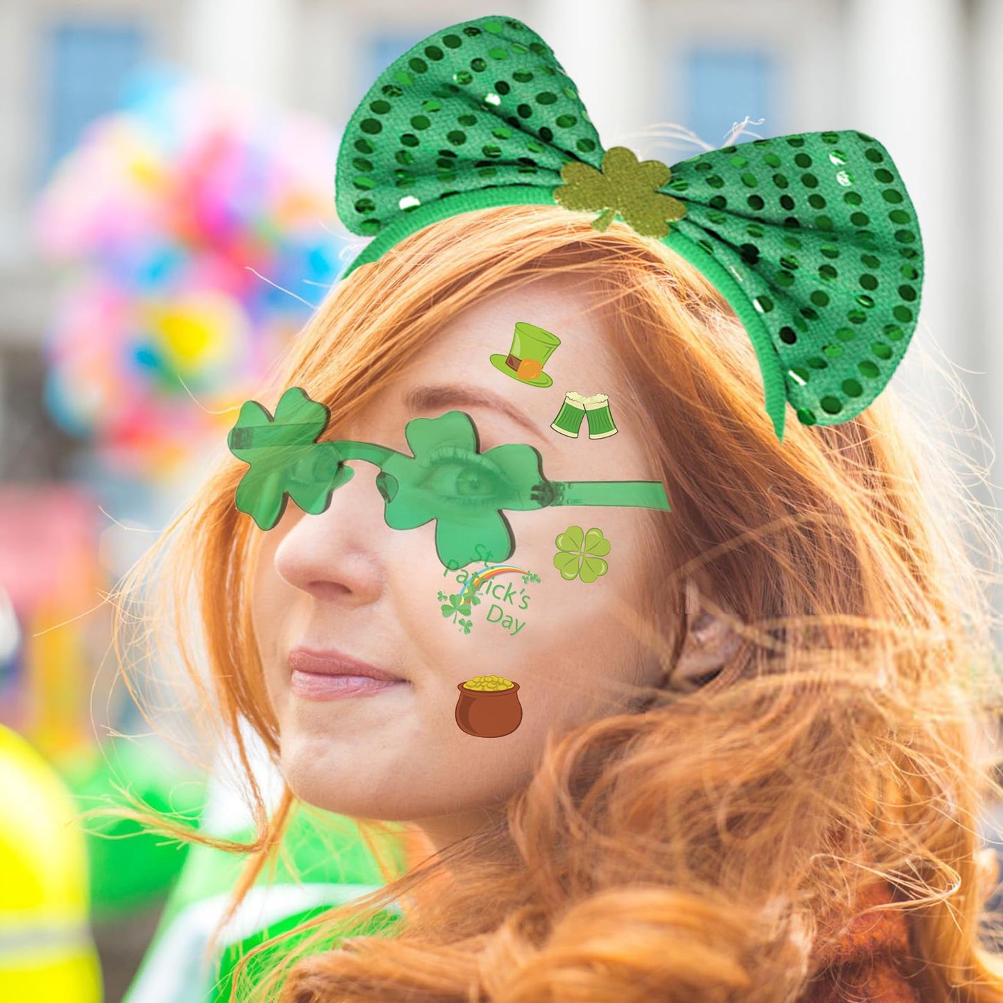 SYQBR 22 Pcs St. Patrick's Day Headbands & Shamrock Sunglasses & Tattoos Sticker, Green Irish Sequined Patriotic Headband and Clover Eye Glasses Tattoo Bulk for Party Favor Decoration Supplies