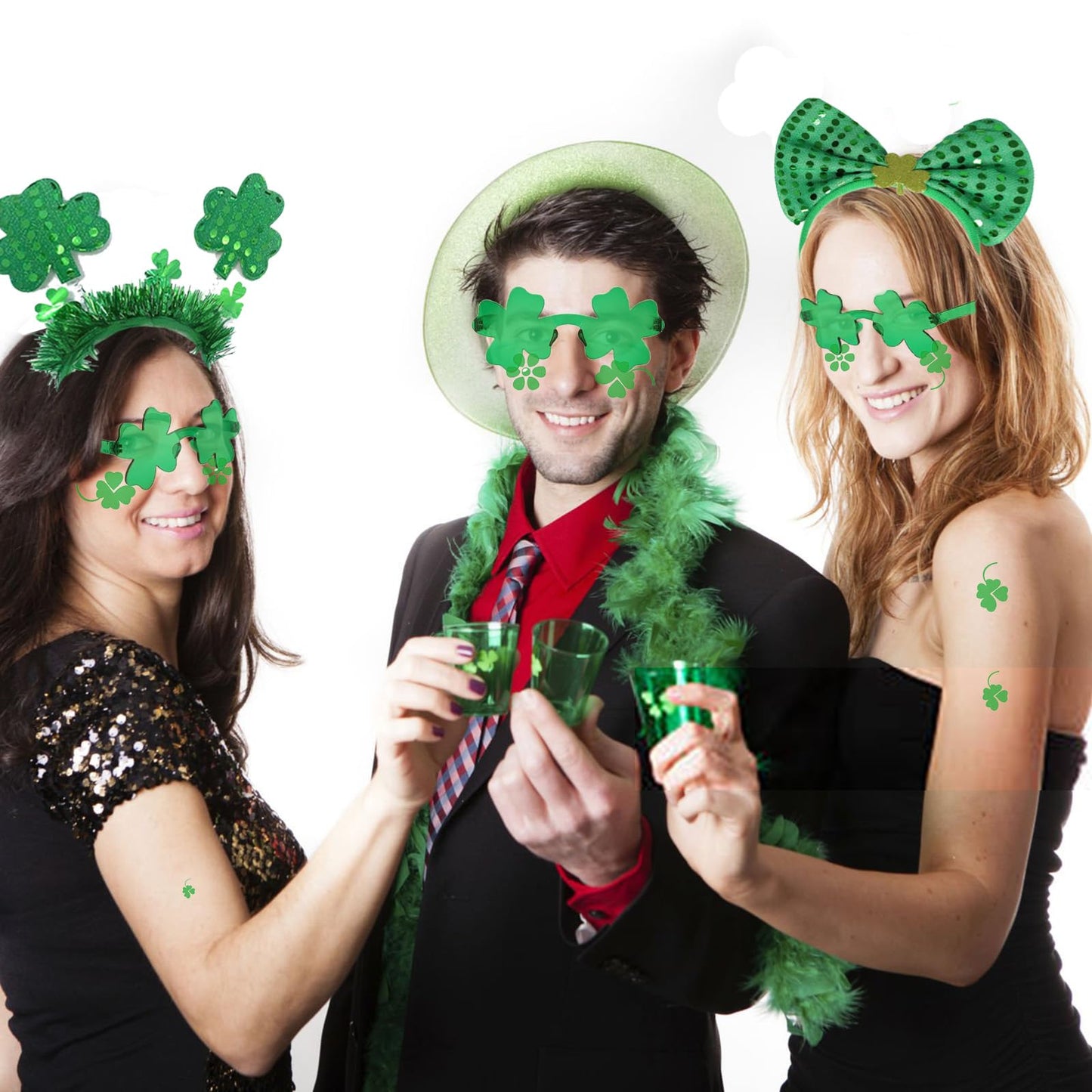 SYQBR 22 Pcs St. Patrick's Day Headbands & Shamrock Sunglasses & Tattoos Sticker, Green Irish Sequined Patriotic Headband and Clover Eye Glasses Tattoo Bulk for Party Favor Decoration Supplies