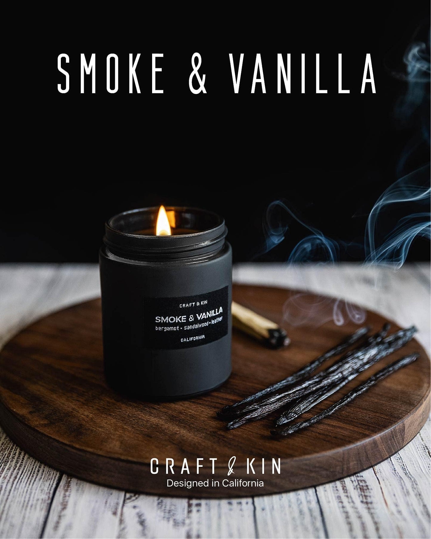 Craft & Kin Premium Smoke & Vanilla Candle | Black Scented Candles for Men | Long Lasting with 45 Hour Burn Time, 7.6oz | Made with Soy | Aromatherapy at Home | Gifts for Men