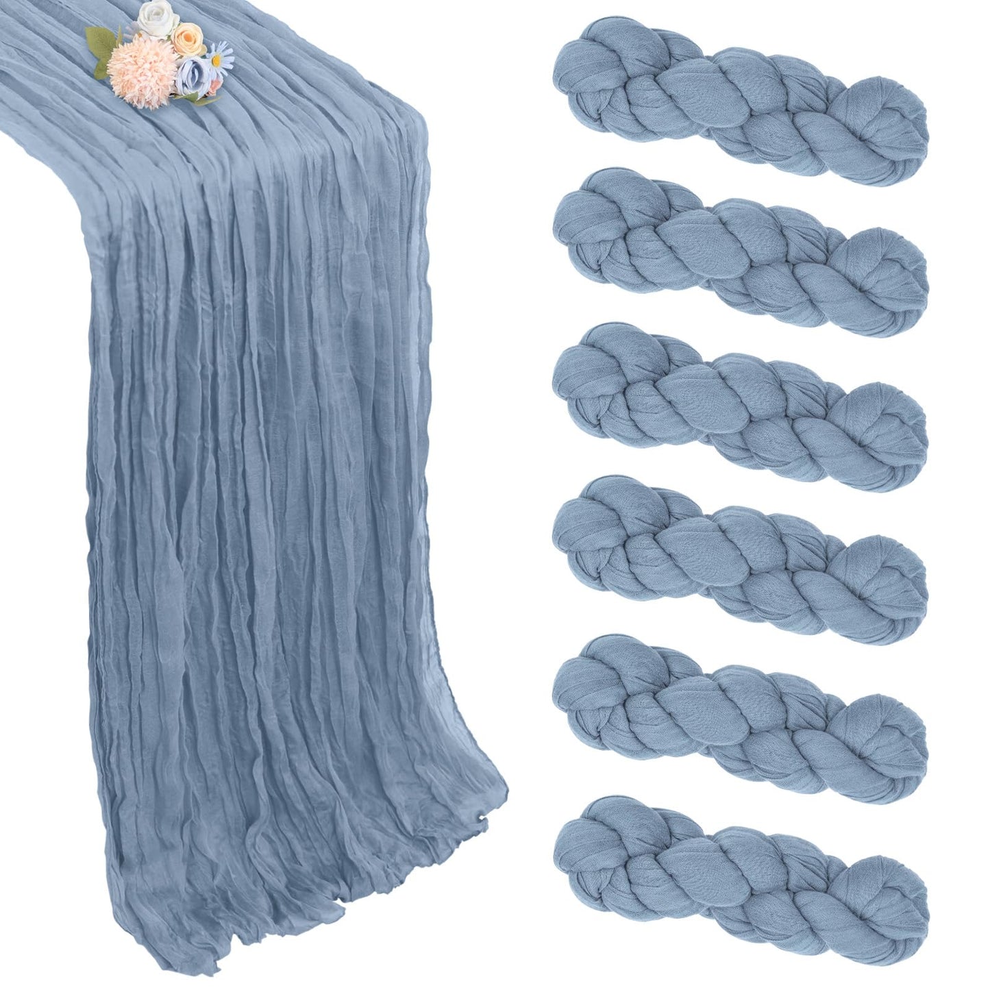 6 Pack Dusty Blue Table Runner 10ft Boho Gauze Fabric Cheesecloth Table Runner 35 x 120 Inch Rustic Sheer Runner for Wedding Decor Baby Shower Party Table Centerpiece Decorations