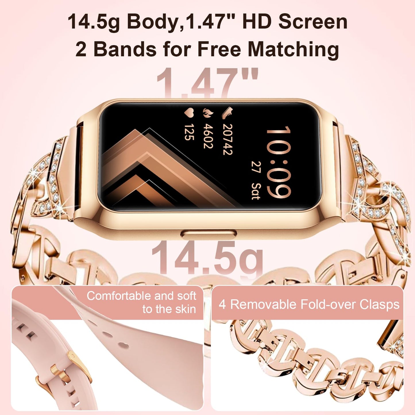 GADIXY Fitness Tracker,Smart Watch 7 Day+ Battery with 24/7 Heart Rate/Step/Calories,Activity Tracker,Aluminium Case,Blood Oxygen Sleep Monitor,IP68 Fitness Watches for Women Android&iOS Gold+Pink