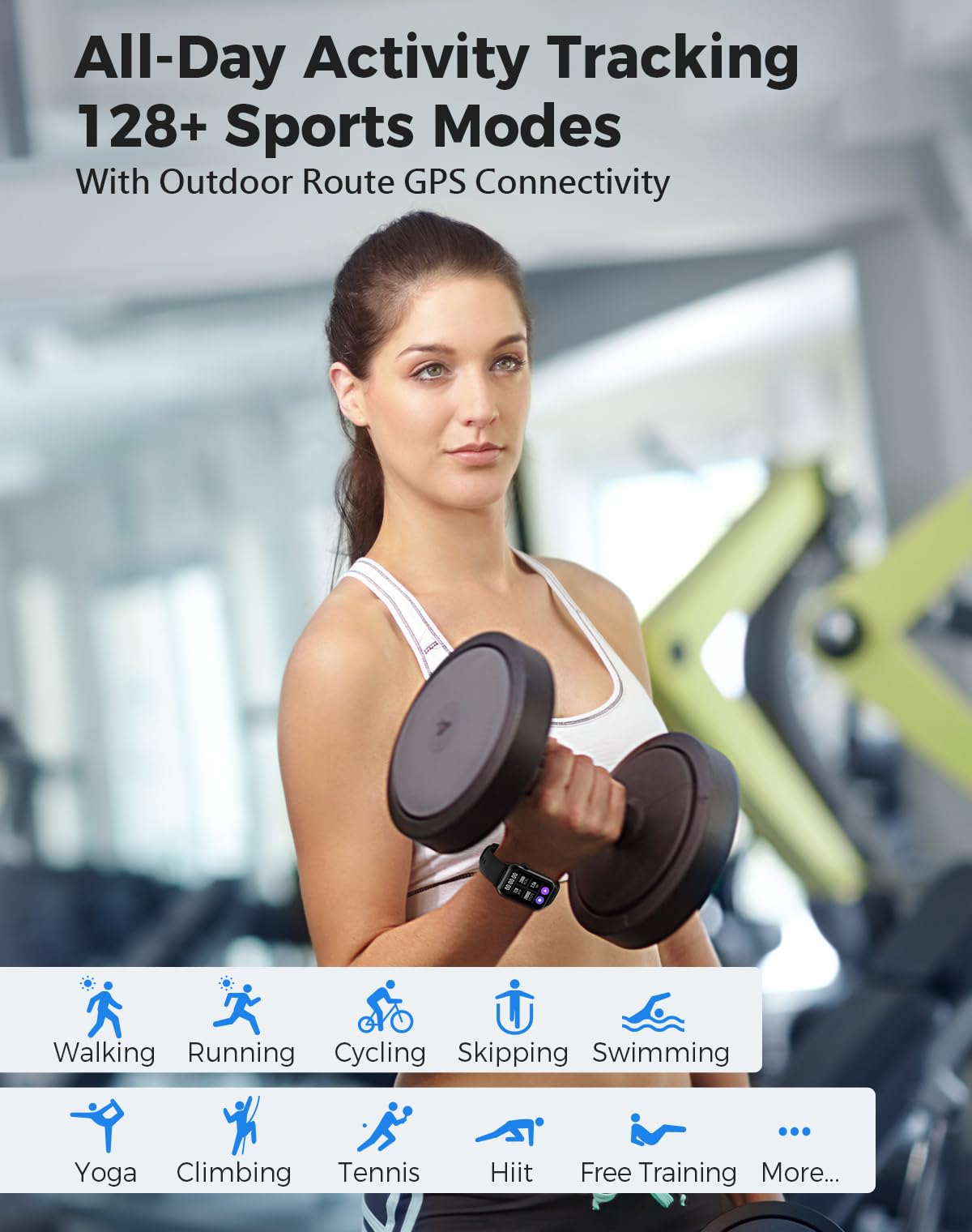 Health Fitness Tracker Smart Watch with 24/7 Heart Rate Blood Oxygen Blood Pressure Monitor Sleep Tracker 128 Exercise Modes Step Calorie Counter Pedometer IP68 Waterproof for Women Men Android iOS