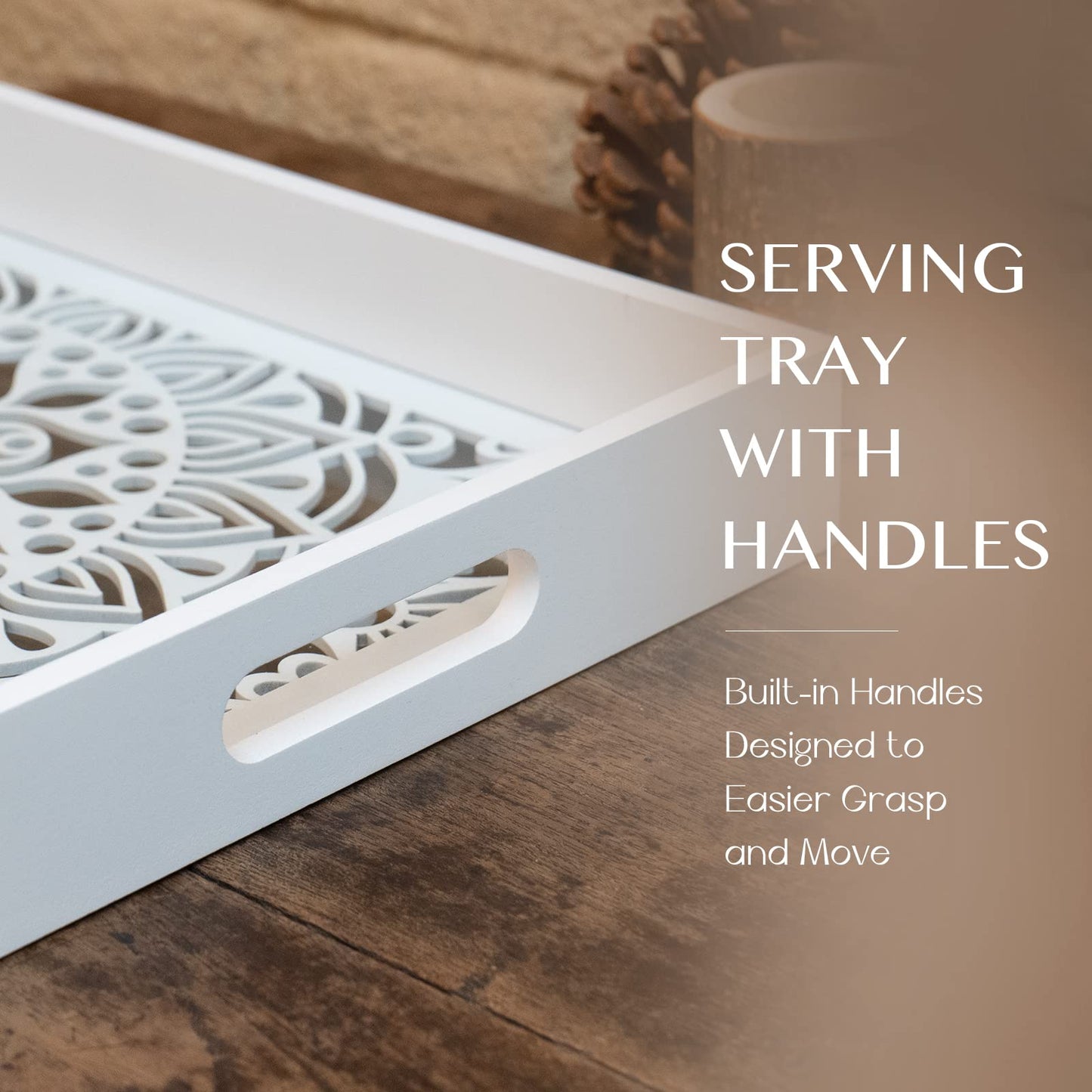 LINKOVE Wooden Serving Tray with Handles, White Wood Couch Ottoman Tray for Living Room, Decorative Tray for Coffee Table Kitchen Counter, Candle Perfume Displayed for Bedroom Bathroom,15" x 10"