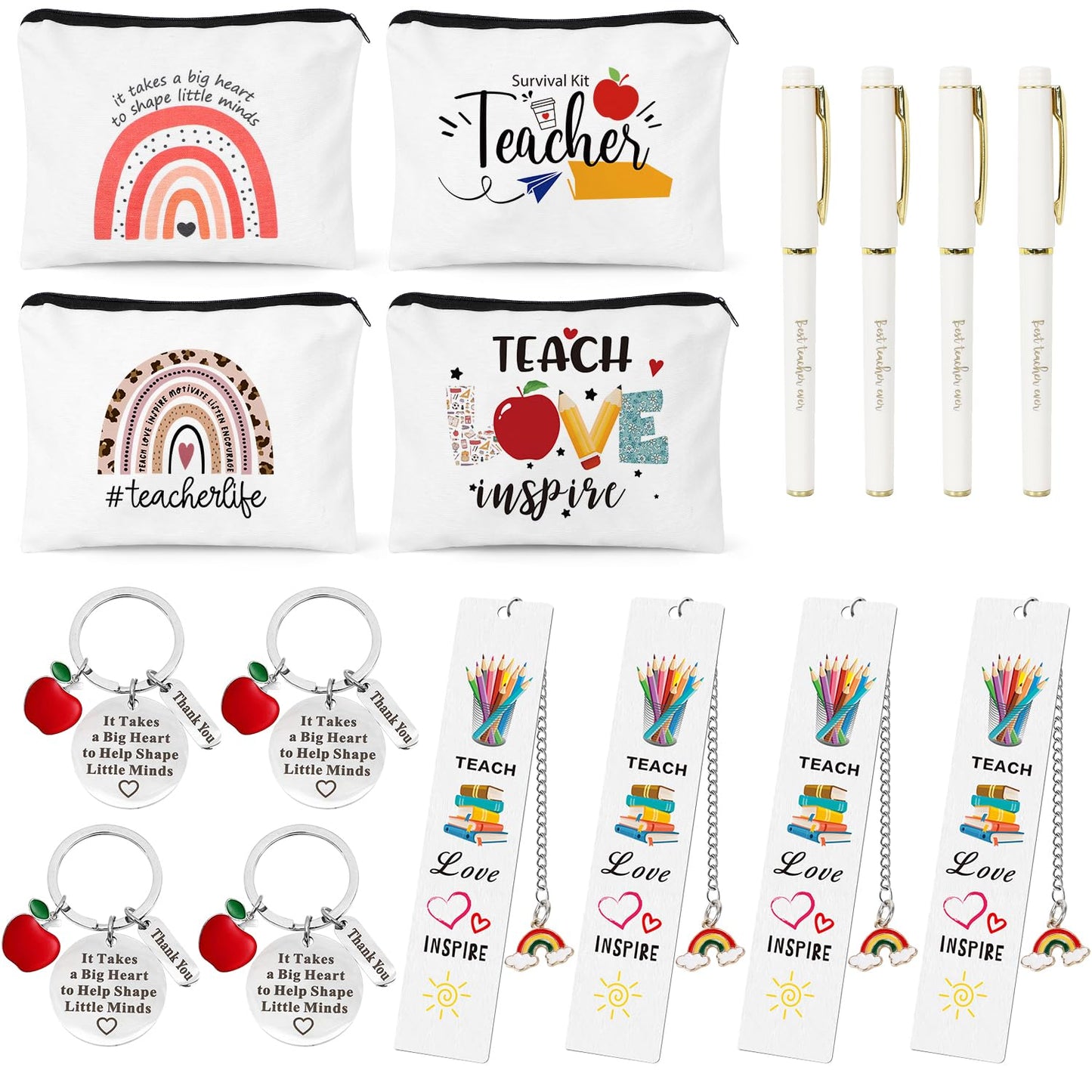 UAREHIBY 16 PCS Teacher Gifts in Bulk, Thank You Teachers Gifts With Makeup Bags, Teacher's Appreciation Week Keychain, Bookmark Gift for Teachers, Best Teacher Ever Pen Gift, Christmas Idea