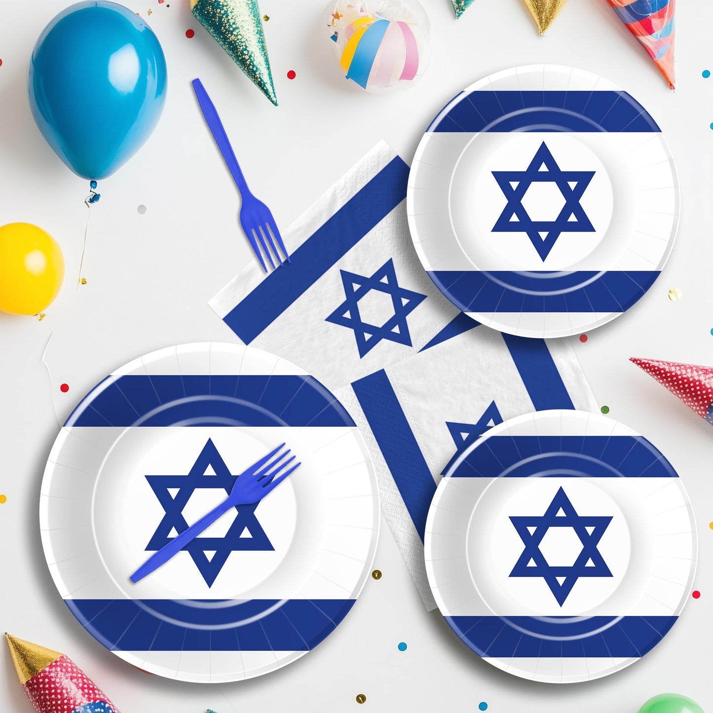 FVABO Israel Flag Party Decorations Tableware, Israeli Flag Party Supplies, Paper Plate, Napkin, Fork, for Israeli Independence Day or Jewish Patriotic Holiday, Serves 24