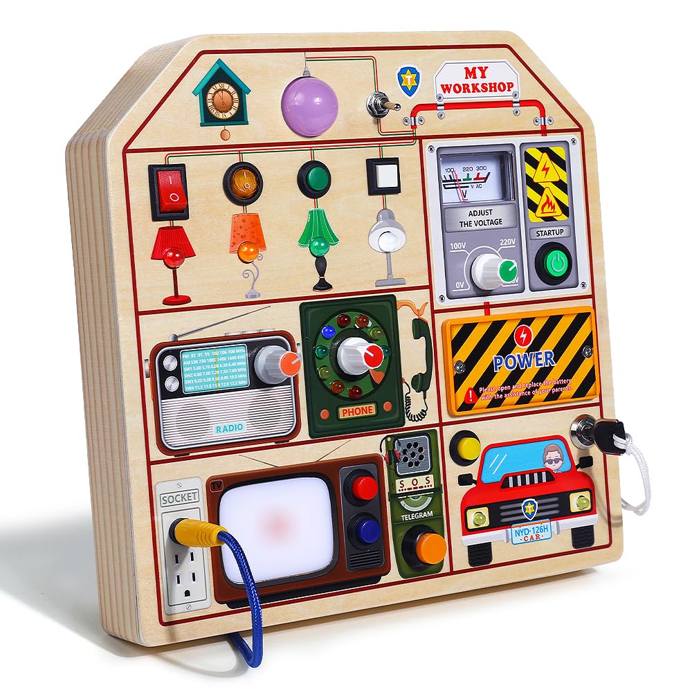 JAUNTY Montessori Wooden Busy Board for Toddlers 3 4 5 Years Old, Wooden Sensory Toddler Toys with LED Light Switches, TV Radio Telegram and Car Driving, Travel Toys Birthday for Boys Girls