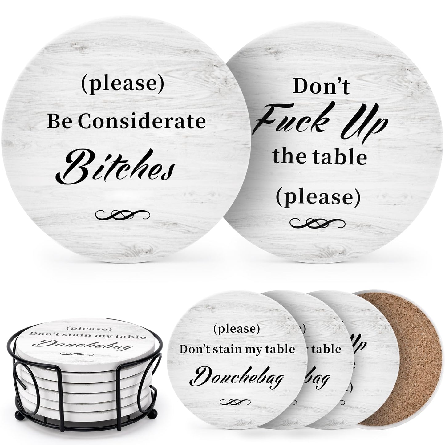 White Elephant Gifts for Adults, Funny Coasters Set of 6 with Holder Christmas Stocking Stuffers for Men Women, Gag Gifts Couples Birthday Housewarming Secret Santa Cool Friend Presents for Her Him