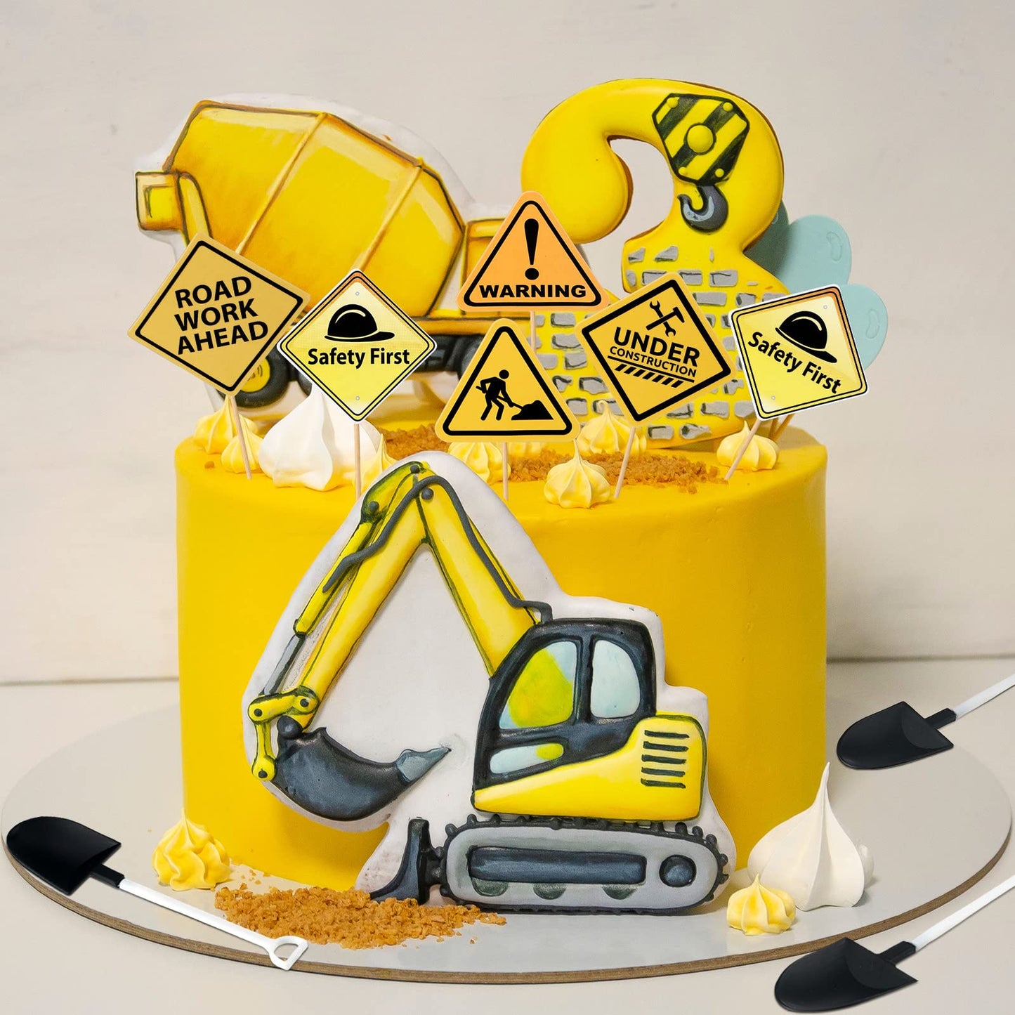 BBTO 150 Pieces Party Supplies - 50 Plastic Shovel Spoons, 50 Cake Dessert Cups, 50 Construction Cupcake Toppers for Themed Birthday Party