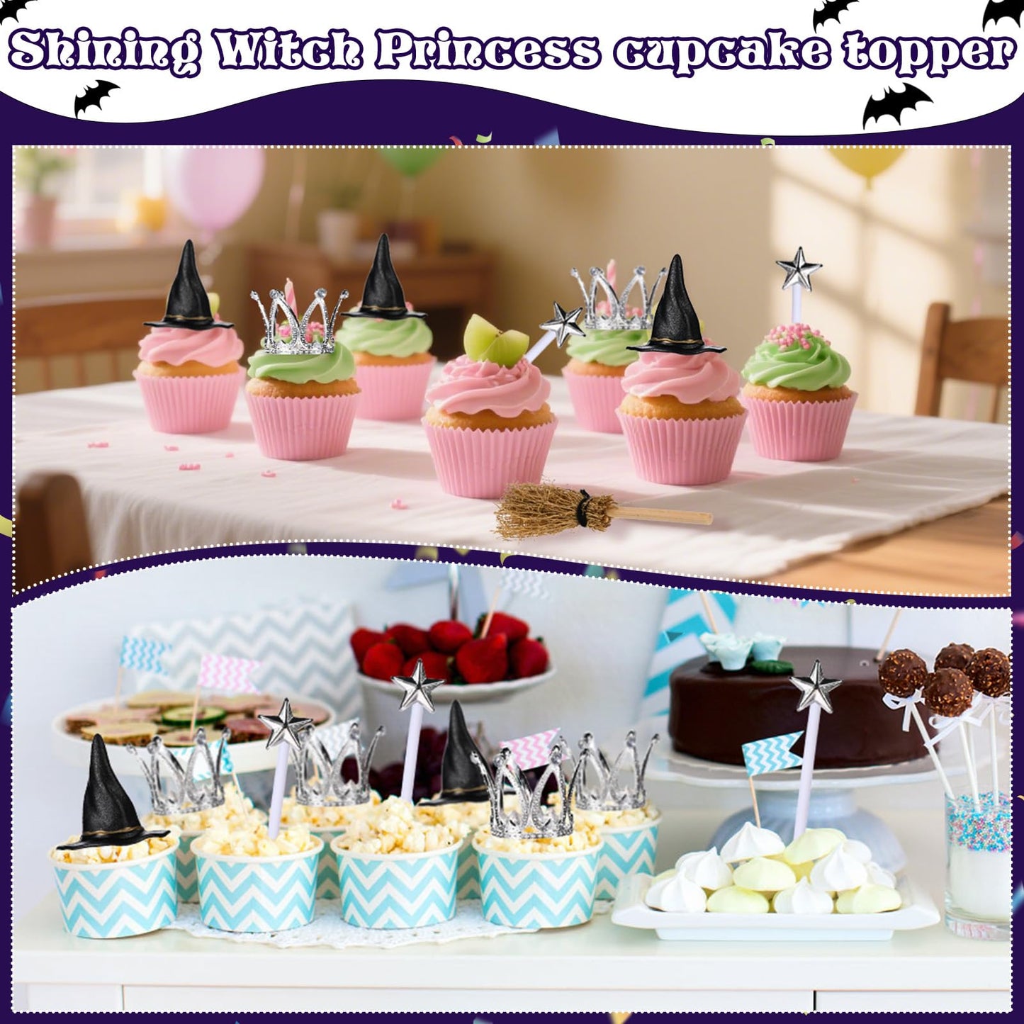 36 Pcs Witch Cupcake Toppers Witch Cake Topper Crown Cupcake Topper for Witch Party Decorations Mini Witch Hat Princess Cake Decorations for Witch Birthday Party Themed Party Favors
