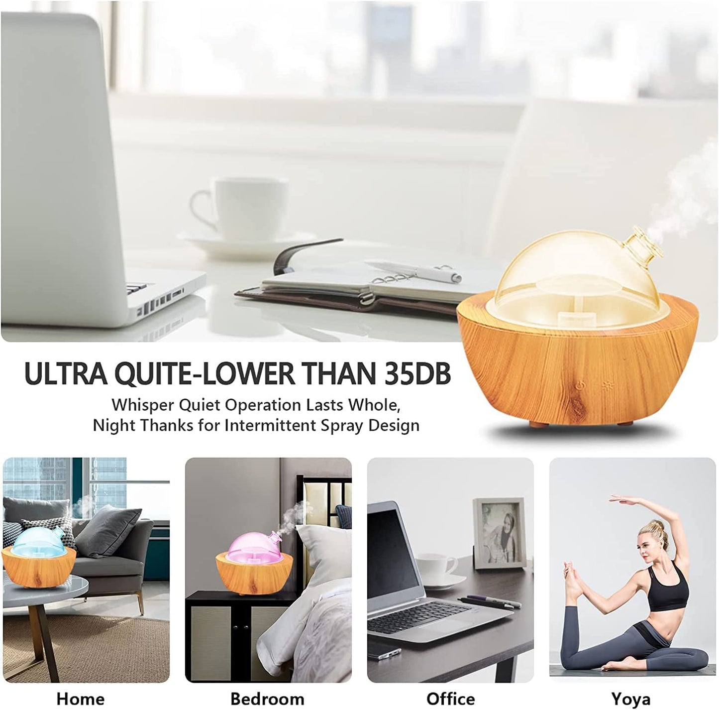 280ml Glass Essential Oil Diffuser Wood Grain Base Air Aroma Diffusers for Aromatherapy Cool Mist Humidifier with Safe Auto Shut-Off and 7 Color LED Night Lights for Home Office Room