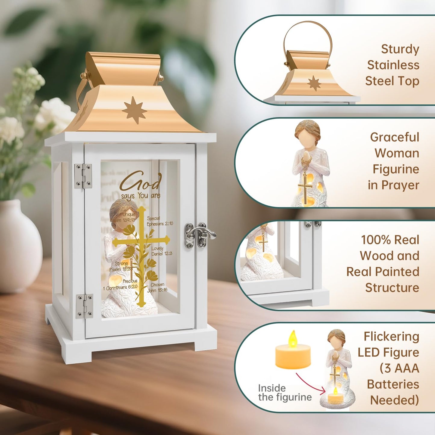 Christian Gifts for Women Birthday, Inspirational Gifts for Friends, Religious Spiritual Gifts for Her Mom Girl Female Coworker Sister Christian Home Decorative Signs, Praying Angel Figurine Lantern