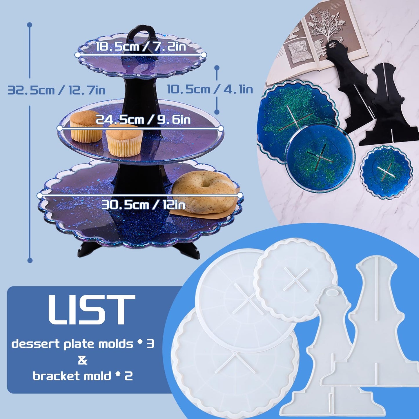 3 Tier Cake Stand Epoxy Resin Silicone Molds 5Pcs Set Tiered Round Stand for Cupcakes, Fruits, Dessert or Tea Dessert Tower Tray for Party and Wedding