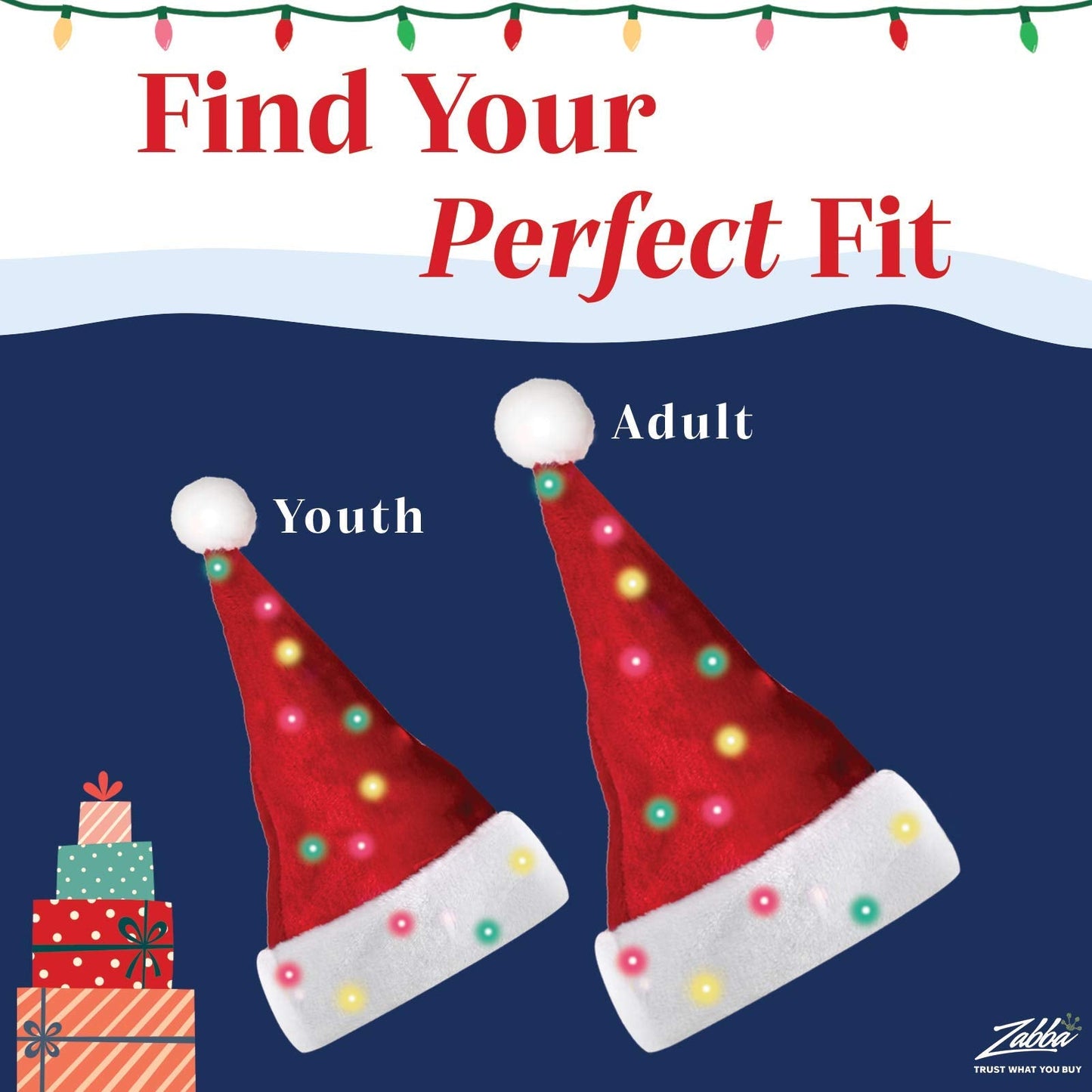 Winks Novelty Plush Santa Hat - Pack of 2 - Funny Christmas Hats for Kids & Adults with 20 Light Up, Color-Changing LED Lights and Batteries - Adult Size