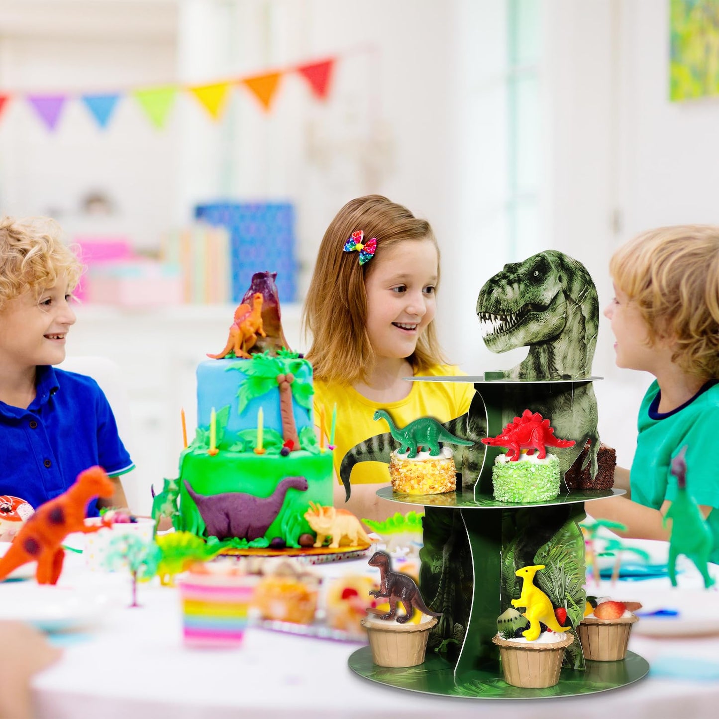 Censen 3 Tier Dinosaur Cupcake Stand Party Decorations Dinosaur Cupcake Holder 24 Pcs Dinosaur Figure Toys Cupcake Toppers Dinosaur Dessert Tower for Boys Dinosaur Jungle Theme Birthday Party Supplies
