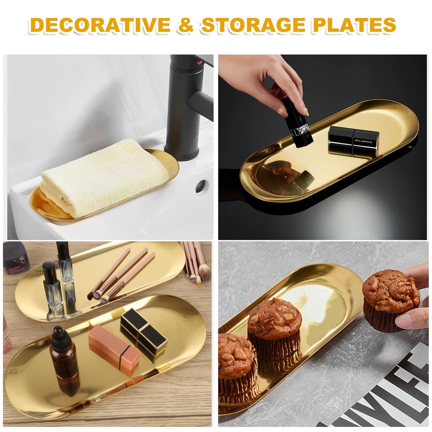 AKOLAFE 4PCS Stainless Steel Serving Tray Set Gold Platters for Serving Food Party Large Metal Trays Decorative 12" Long Plate Oval Storage Trays Thickened Serving Dishes for Entertaining Sushi Snack