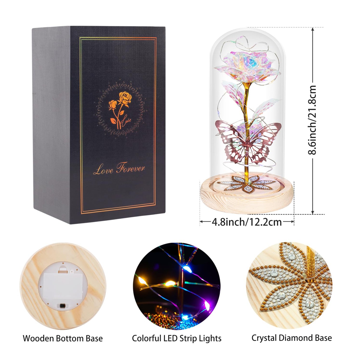 Birthday Gifts for Women Mom Galaxy Glass Rose Forever Preserved Flowers for Delivery Prime Artificial Eternal Rose in Glass Dome Mothers Day Moms Gift for Grandma Wife Daughter, Rainbow