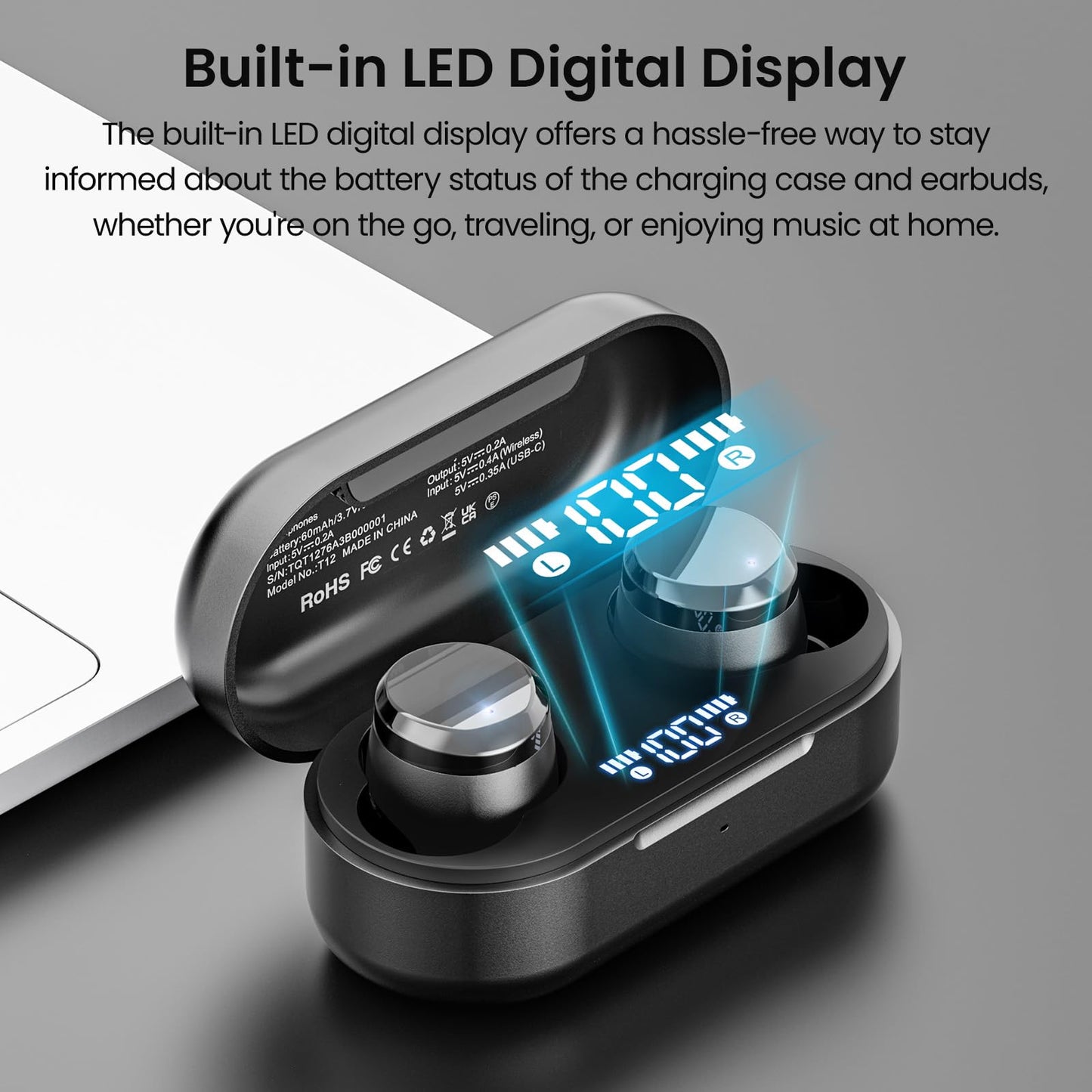 TOZO T12 Wireless Earbuds Bluetooth 5.3 Headphones, Call ENC Noise Cancelling Mic, 55Hrs Playtime App Customize EQ IPX8 Waterproof LED Digital Display Premium Sound Headset
