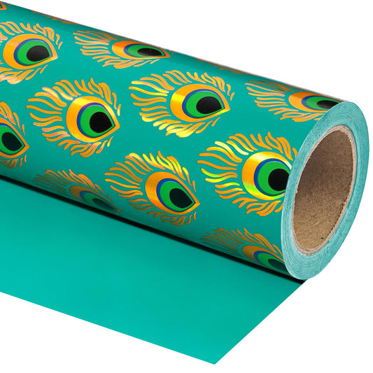 WRAPAHOLIC 30 Inch Jumbo Reversible Peacock Christmas Wrapping Paper - 30 Inch x 100 Feet Jumbo Roll Peacock Feather Wrapping Paper with Metallic Foil Shine for Christmas, Birthday, Holiday