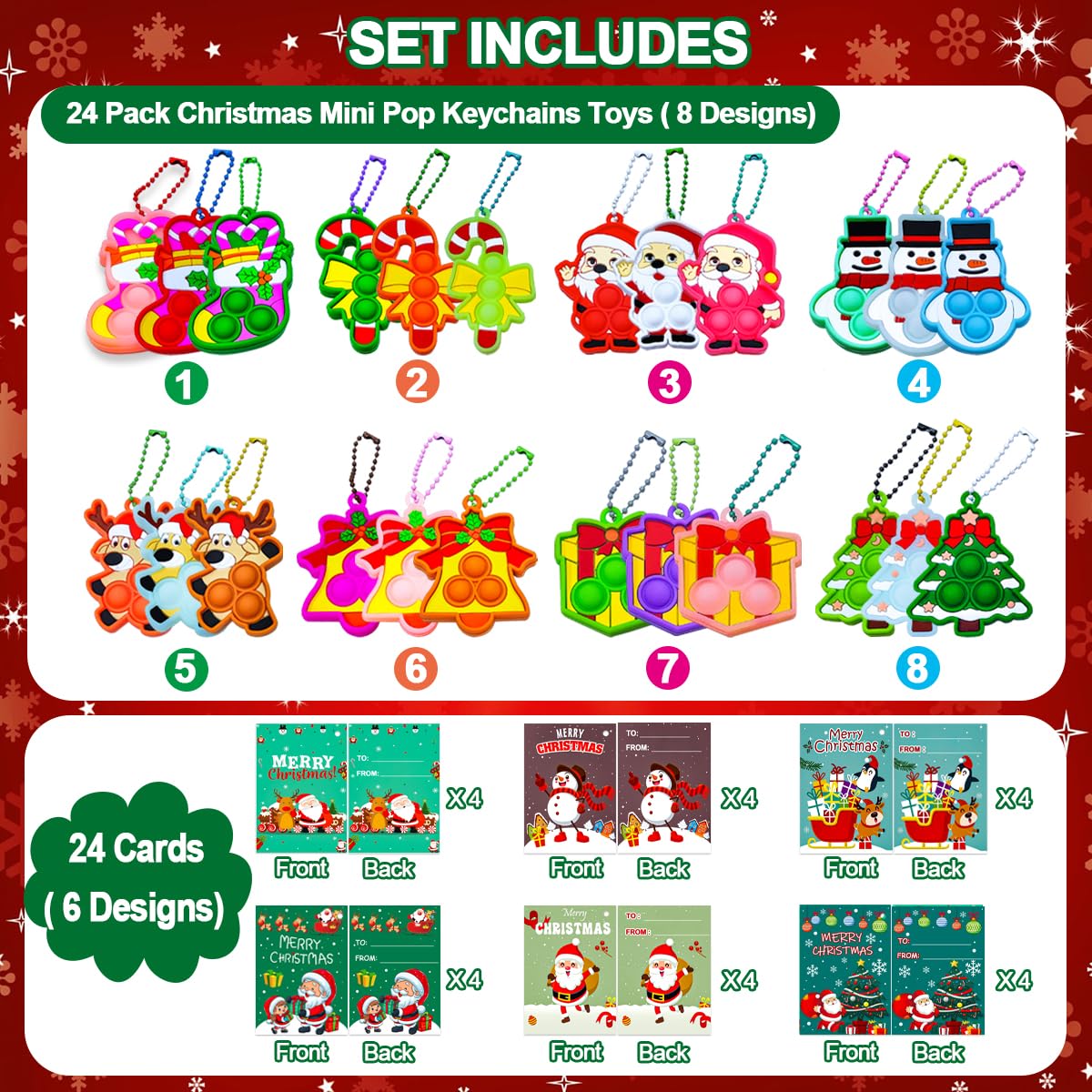 24 Packs Christmas Pop Its Fidget Toys Bulk, Student Gifts from Teacher Bulk Christmas with Cards, Classroom Gifts, Kids Party Favors, Stocking Stuffers, Holiday Prizes