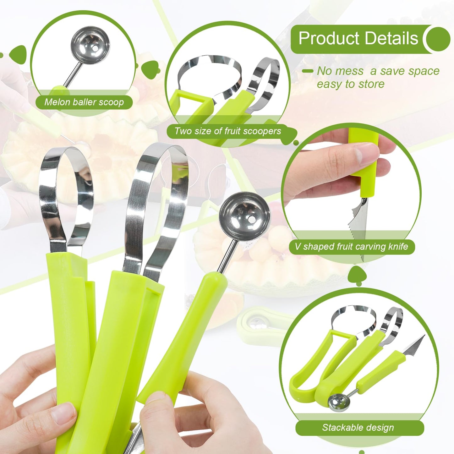 18pcs Melon Baller Scoop Set, FODIENS 4 In 1 Stainless Steel Fruit Slicer Peeler Set, Avocado Slicer Orange Peeler Fruits Vegetables Carving Tools Set with Mini Fruit Cookie Cutters Set