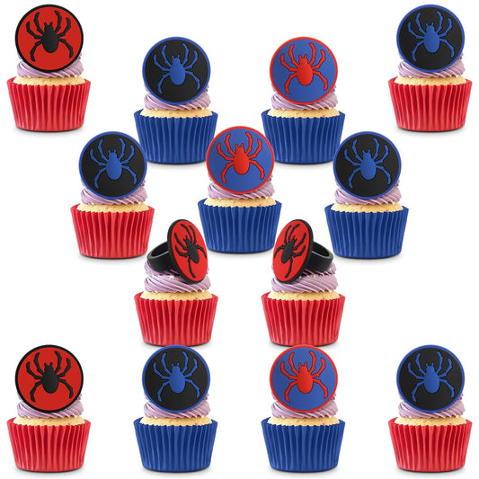 RoundFunny 48 pcs Spider Cupcake Rings, Spider Cake Toppers, Dessert Decorations for Birthday Parties Birthday Party Gifts Classroom Prizes (red/blue/black)