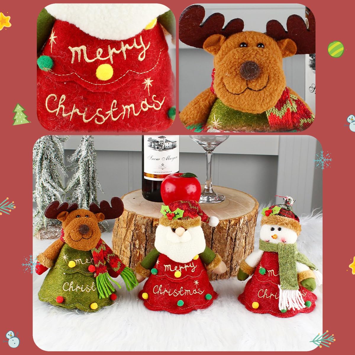 WGXIA 6Pcs Flax Christmas Apple Bags Zipper Reusable 2026 New Chritmas Eva Santa Snowman Snowflake Deer Shaped Apple Candy Bags Bulk Storages For Chritmas Party Decor (B-3pcs)