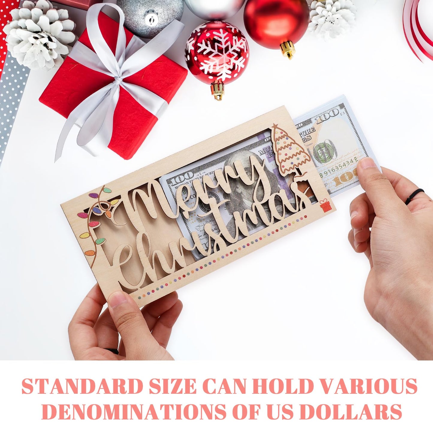 4 PCS Christmas Unique Money Holder Xmas Cash Holder, Fun Ways to Give Money as a Gift, Wooden Cash Envelope Money Wallet Christmas Money Gift DIY Money Clip Christmas Party Gift