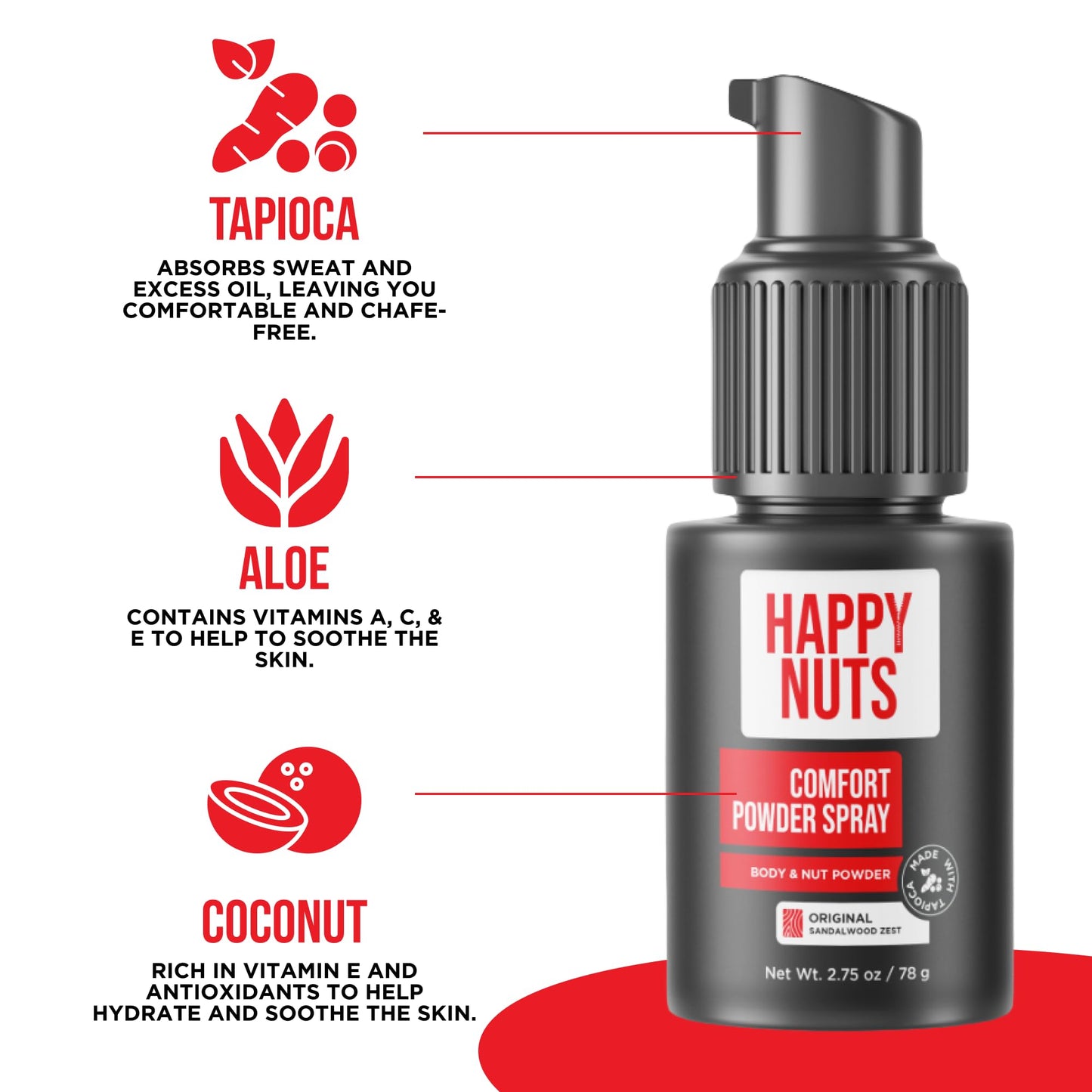 HAPPY NUTS Comfort Powder Spray: Anti Chafing & Mens Deodorant, Aluminum-Free, Sweat and Odor Control for Jock Itch, Groin and Men's Private Parts