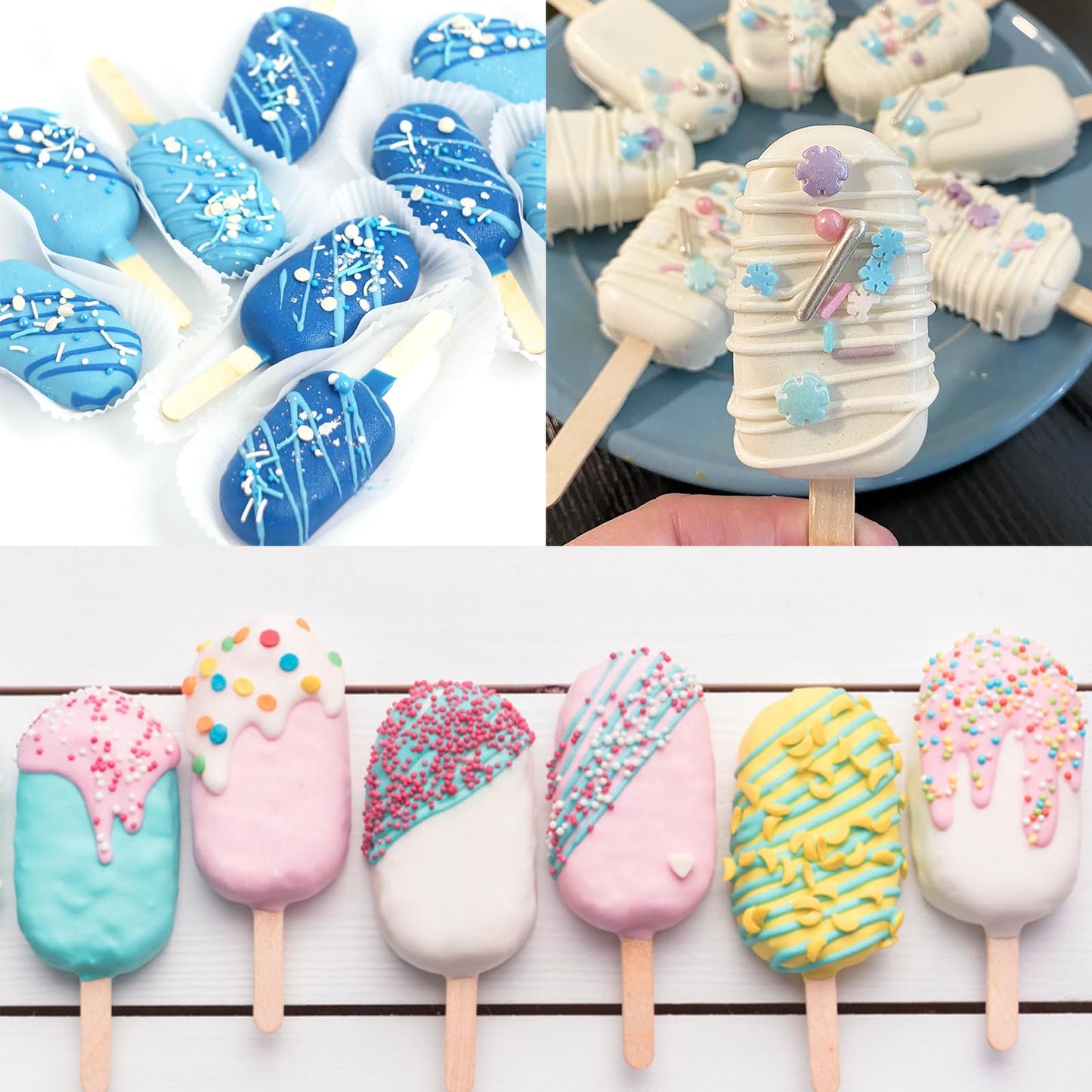 Popsicle Molds Set of 3, 12 Cavities Silicone Popsicle Molds & Ice Cake Pop Mold Maker Oval with 50 Wooden Sticks & 50 Self-adhesive Bags for DIY Cake and Ice Cream