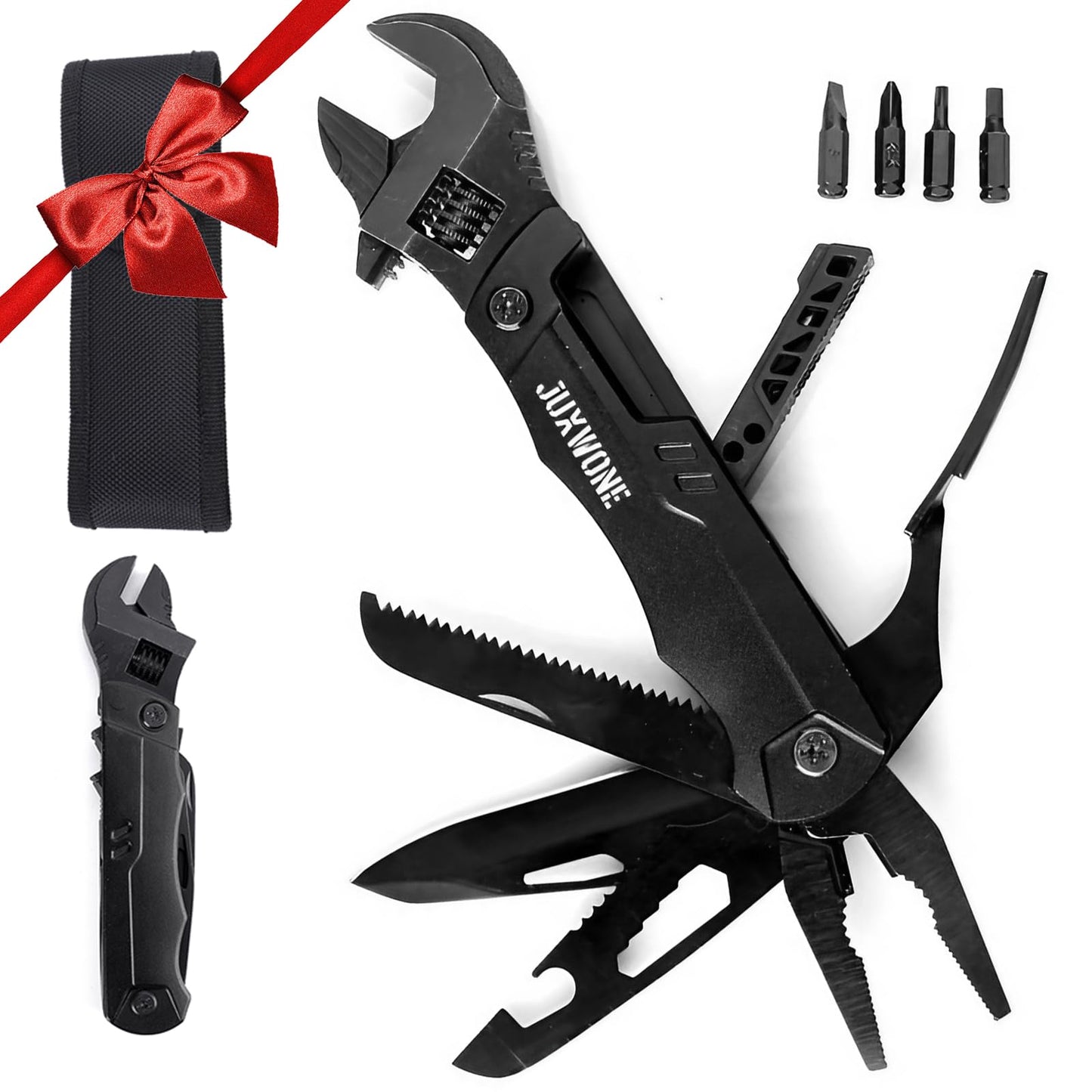 JUXWONE 19-in-1 Multitool Wrench – Stainless Steel Adjustable Wrench with Pliers, Knife, Wire Cutter, Saw, Screwdrivers – Compact EDC Pocket Tool for Camping, DIY Repairs, Gift for Men