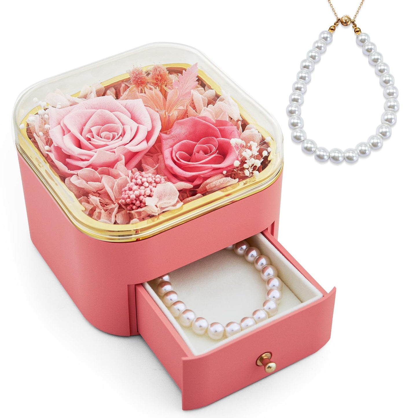 INYPTROPIC Preserved Real Rose with Pearl Bracelets Forever Flowers Jewelry Box for Mom Wife Girlfriend Grandma on Mothers Day Birthday Valentines Christmas Anniversary Beatiful Gifts for Women