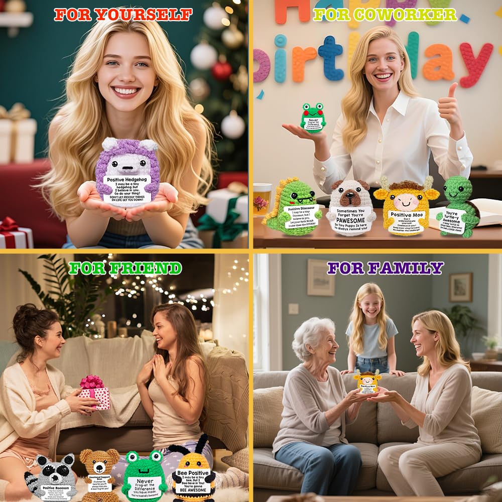 Positive Crochet Animals Bulk, Emotional Support Crochet Animals, Mini Inspirational Gift for Women Friends Coworkers Students Employee Christmas Stocking Stuffers Cute Crocheted Doll Cheer Up Gift