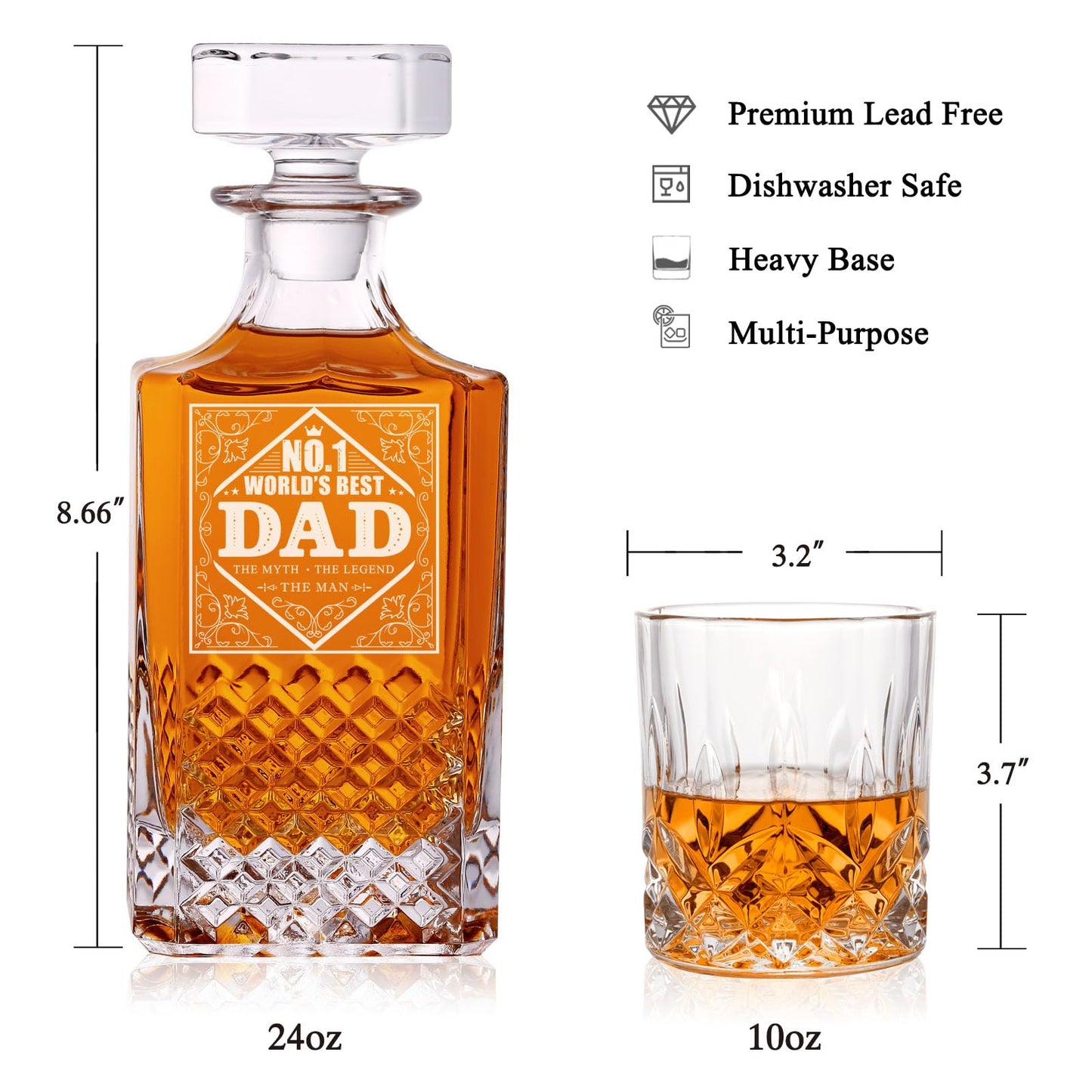 Gifts for Dad Men, Whiskey Decanter Set with Gift Box, Unique Christmas Gift from Daughter or Son, Perfect Birthday and Retirement Present for Men - Includes 2 Ice Molds, 2 Coasters, and a Gift Card