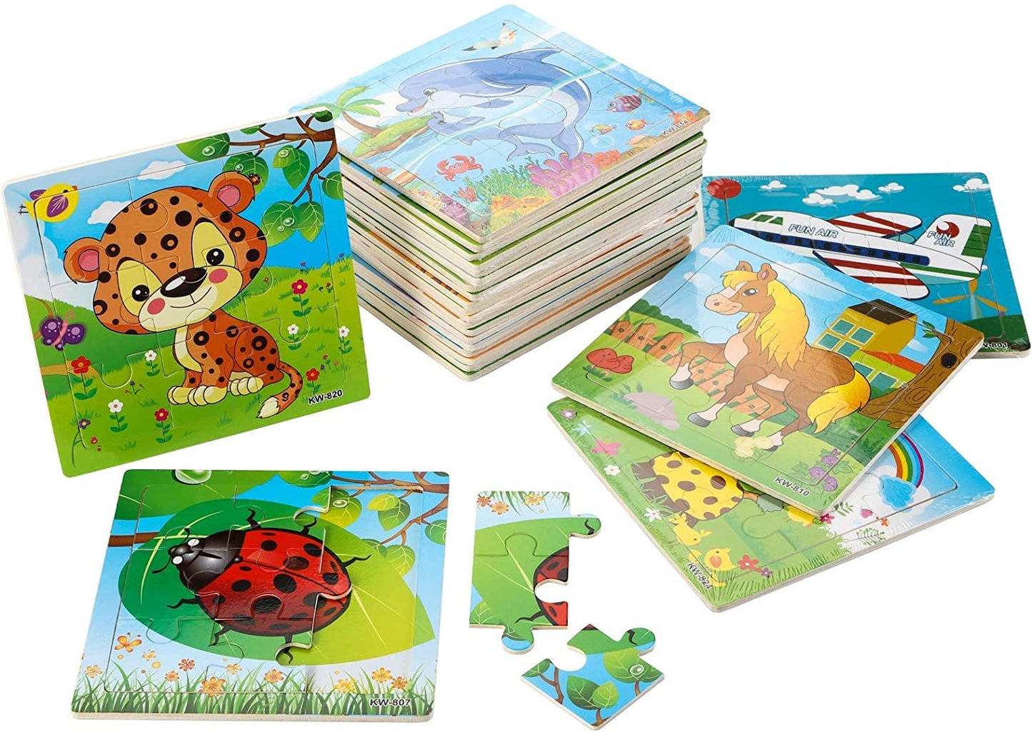 Yopay 24 Pack Wooden Puzzles for Kids,Mini Jigsaw Animal Puzzles Set for Kids Boys Girls, Early Preschool Educational Toys, 20 Animal Patterns + 4 Transportations
