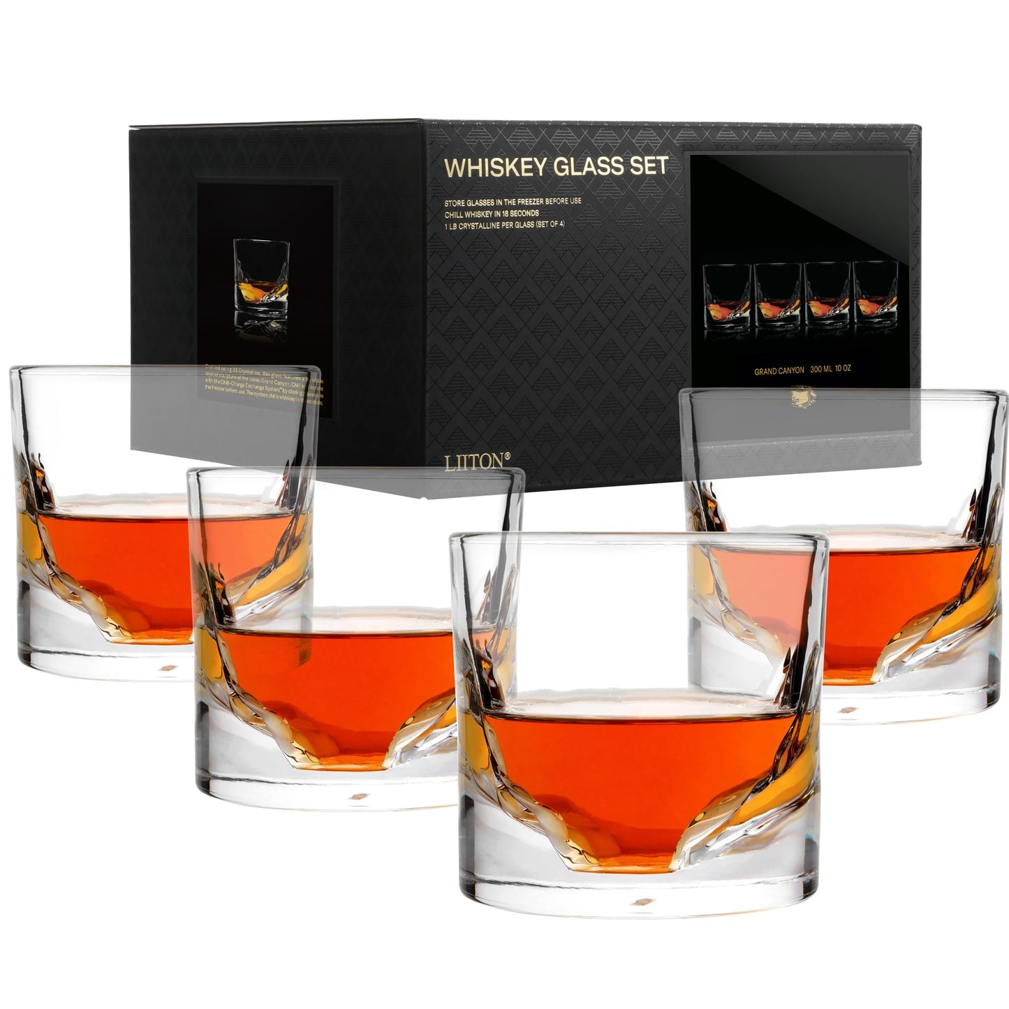 LIITON Grand Canyon Heavy Crystal Whiskey Glasses Gift Set of 4, Thick Freezable Bourbon Glass 1lb Each, Premium Whiskey Gifts for Men, Frozen Crystal Chills Cocktails, 10 oz