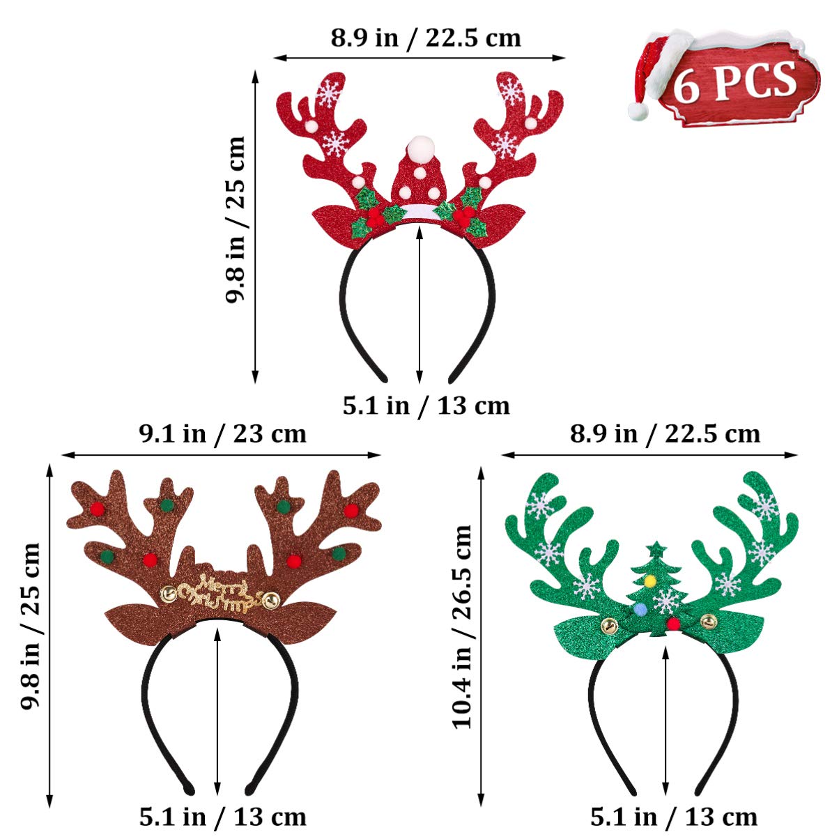 FRCOLOR 6 Pieces Christmas Reindeer Antlers Headbands Reindeer Antler Hair Hoop Headpiece for Christmas Party Holiday Favors