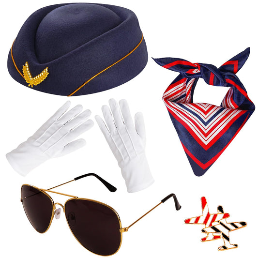 6 Pcs Flight Attendant Costume Accessories Women Airline Stewardess Outfits Flight Attendant Hat Pin Sunglasses Scarf Gloves